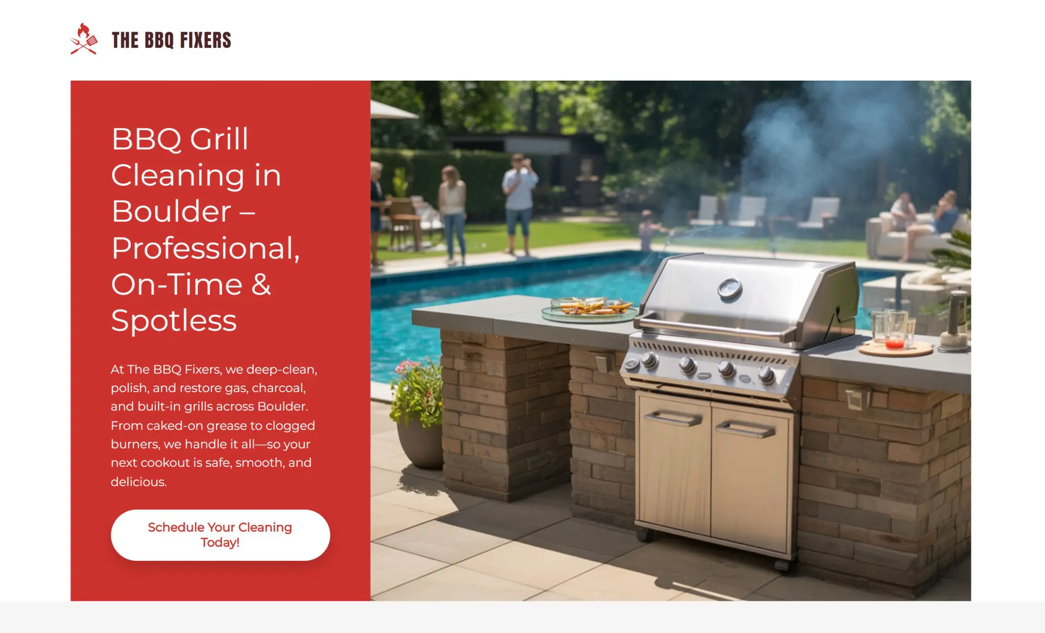 The BBQ Fixers' homepage featuring the image of a bbq grill near a pool, company branding, call-to-action button, and a brief introduction of the company