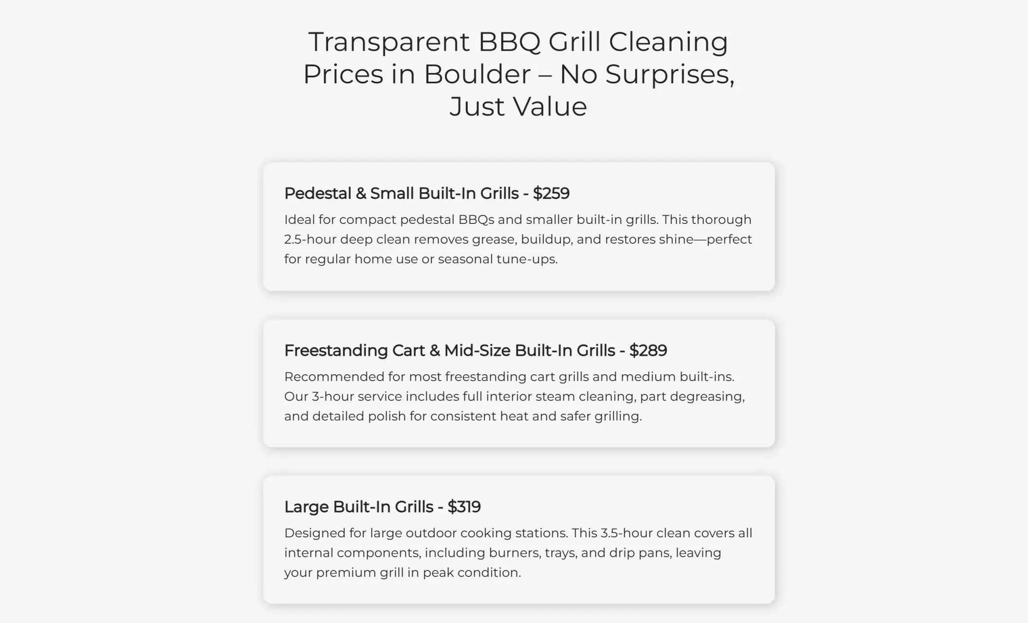 The BBQ Fixers' website displaying pricing