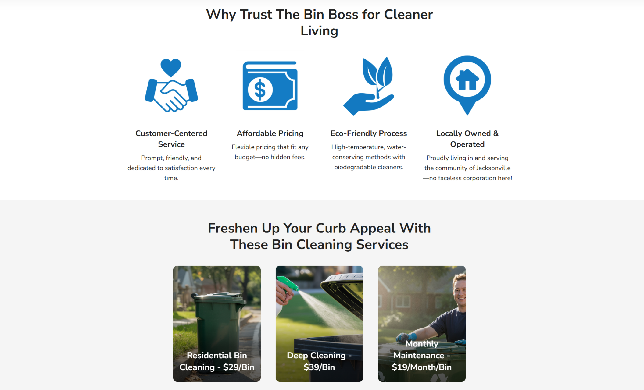 The Bin Boss pricing section featuring icons and brief text highlighting core brand values—Customer-Centered Service, Affordable Pricing, Eco-Friendly Process, and Locally Owned & Operated—followed by photo cards showcasing Residential Bin Cleaning, Deep Cleaning, and Monthly Maintenance