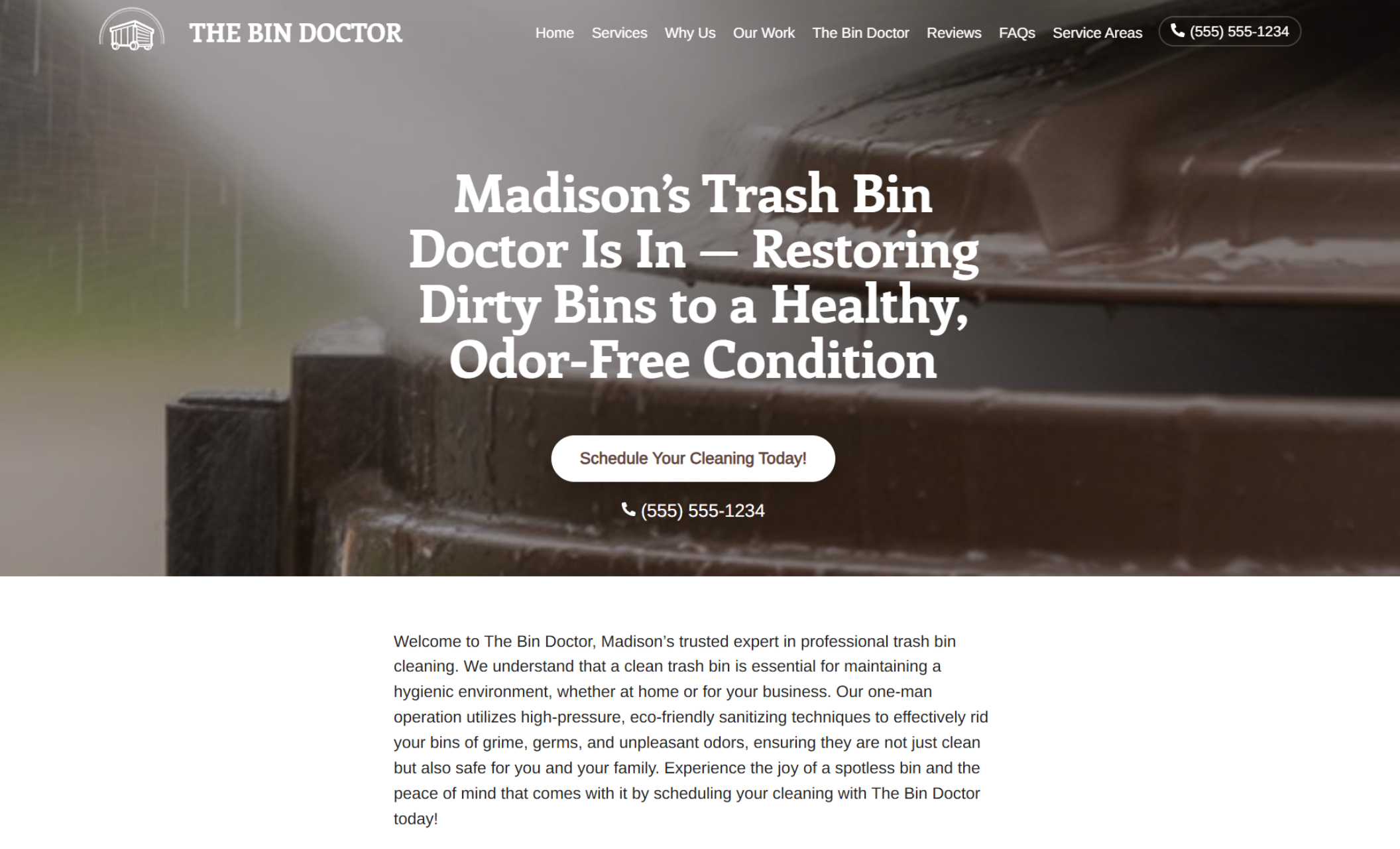 Homepage of The Bin Doctor showing a close-up of a wet trash bin being pressure cleaned beneath the headline “Madison’s Trash Bin Doctor Is In — Restoring Dirty Bins to a Healthy, Odor-Free Condition” with a white “Schedule Your Cleaning Today” button