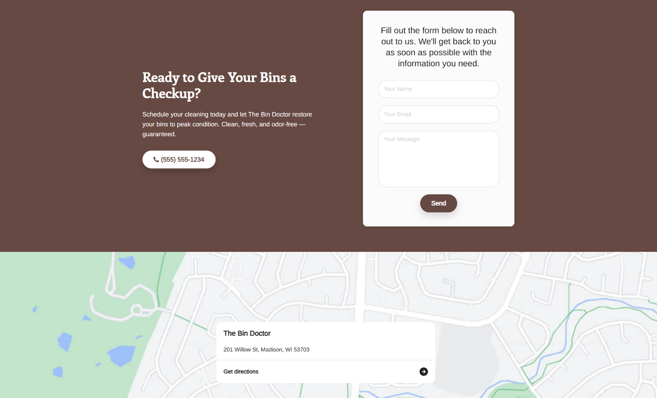 Contact section for The Bin Doctor featuring a brown background with a scheduling form, phone number, and map location in Madison, Wisconsin, under the headline “Ready to Give Your Bins a Checkup?”