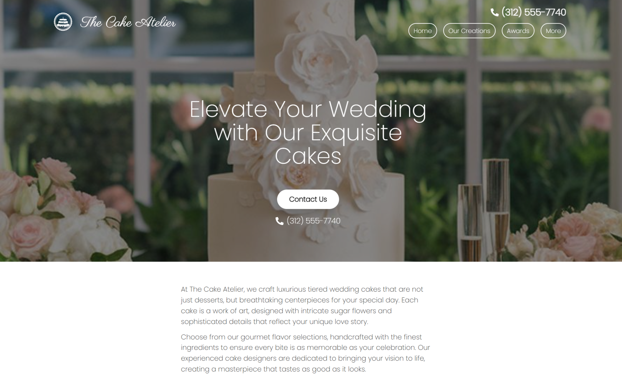 The Cake Atelier homepage featuring an elegant wedding cake with sugar flowers and soft background florals