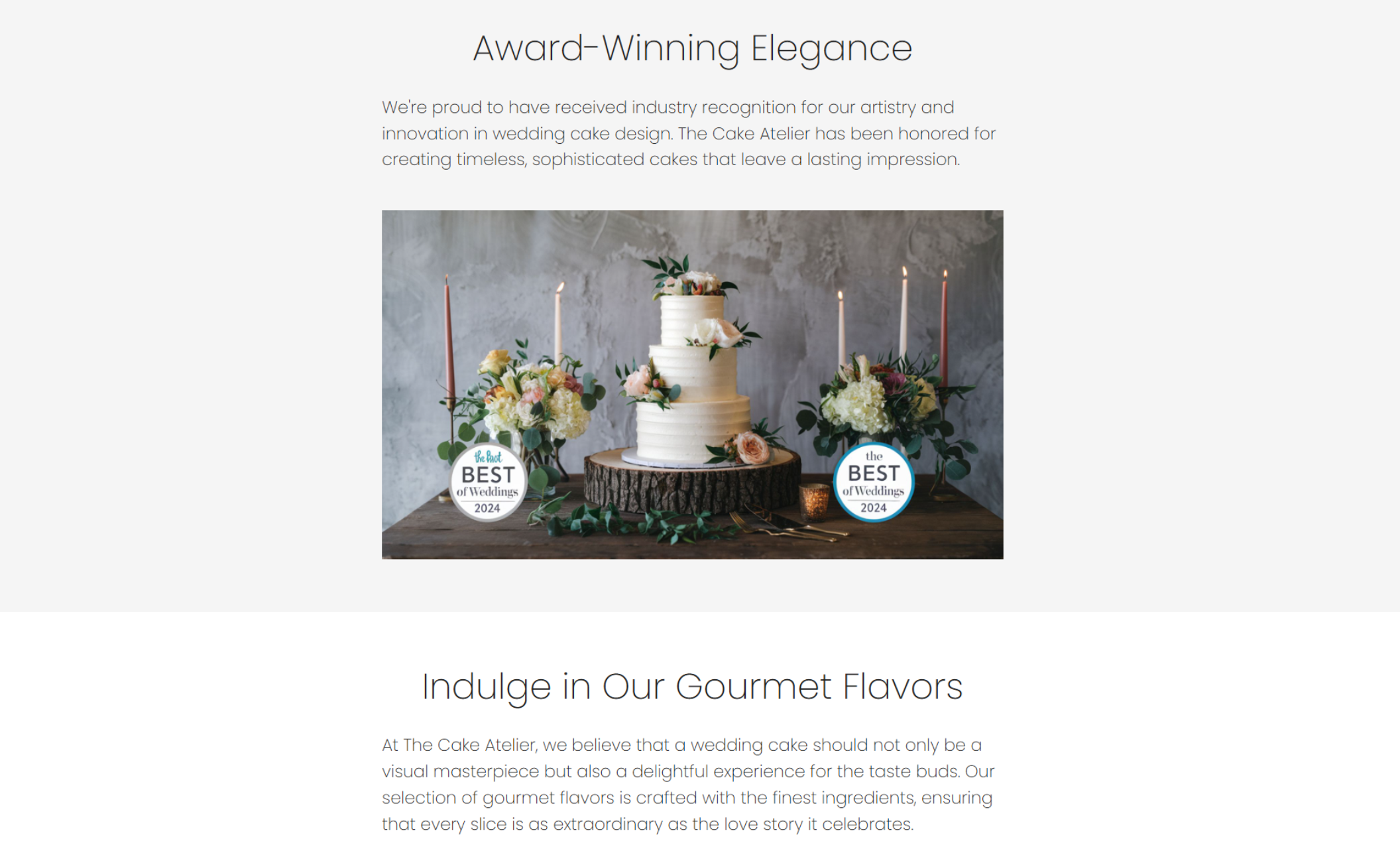 The Cake Atelier awards section showing a rustic tiered cake surrounded by floral arrangements and "Best of Weddings 2024" badges
