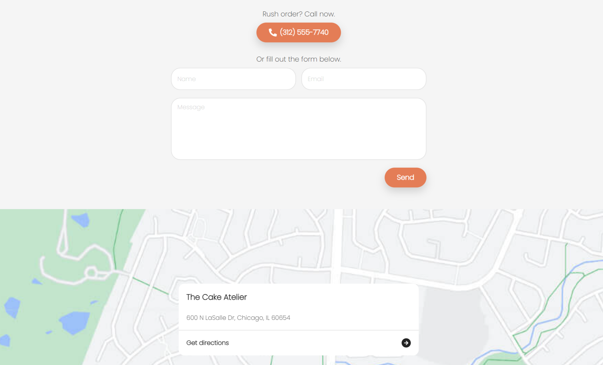 The Cake Atelier contact section with a message form, call button, and integrated map displaying the business location