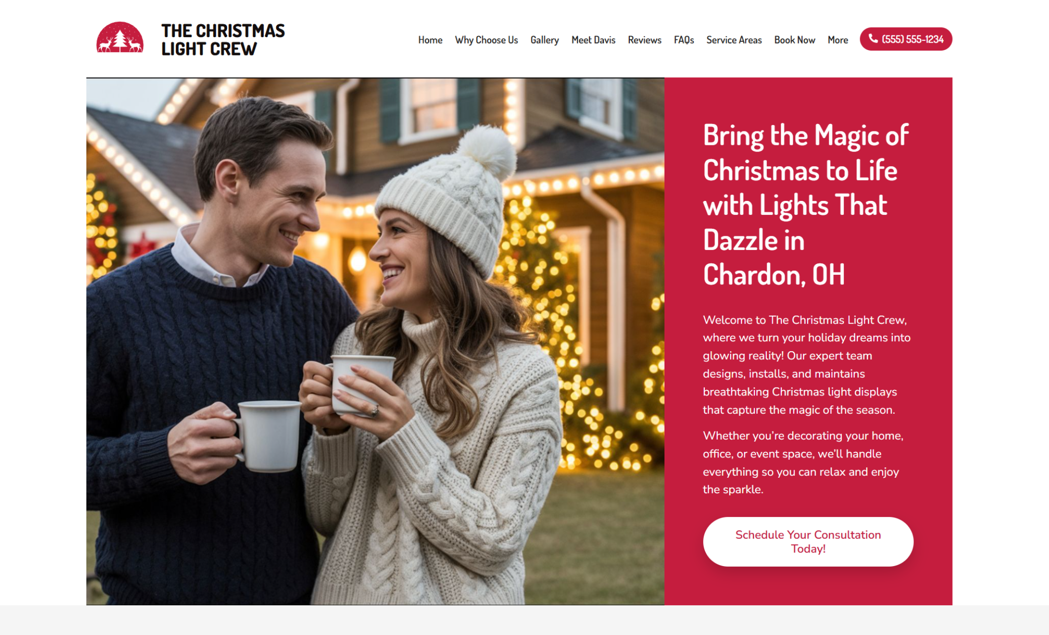 The Christmas Light Crew homepage featuring a smiling couple in cozy winter sweaters holding mugs in front of a brightly lit home, beside the headline “Bring the Magic of Christmas to Life with Lights That Dazzle in Chardon, OH” and a red button that says “Schedule Your Consultation Today.”
