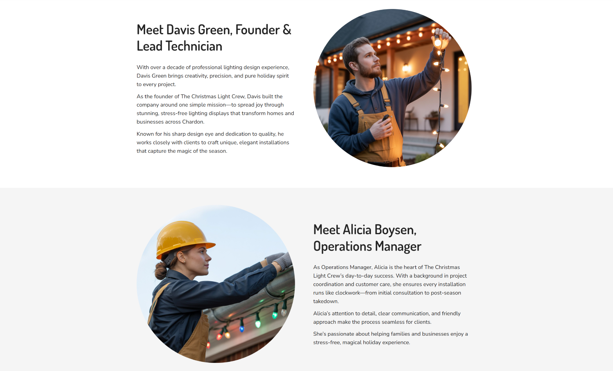 The Christmas Light Crew team section introducing Davis Green and Alicia Boysen with circular portraits—Davis holding string lights outdoors and Alicia in a hard hat adjusting roofline bulbs—accompanied by detailed bios describing their roles and experience