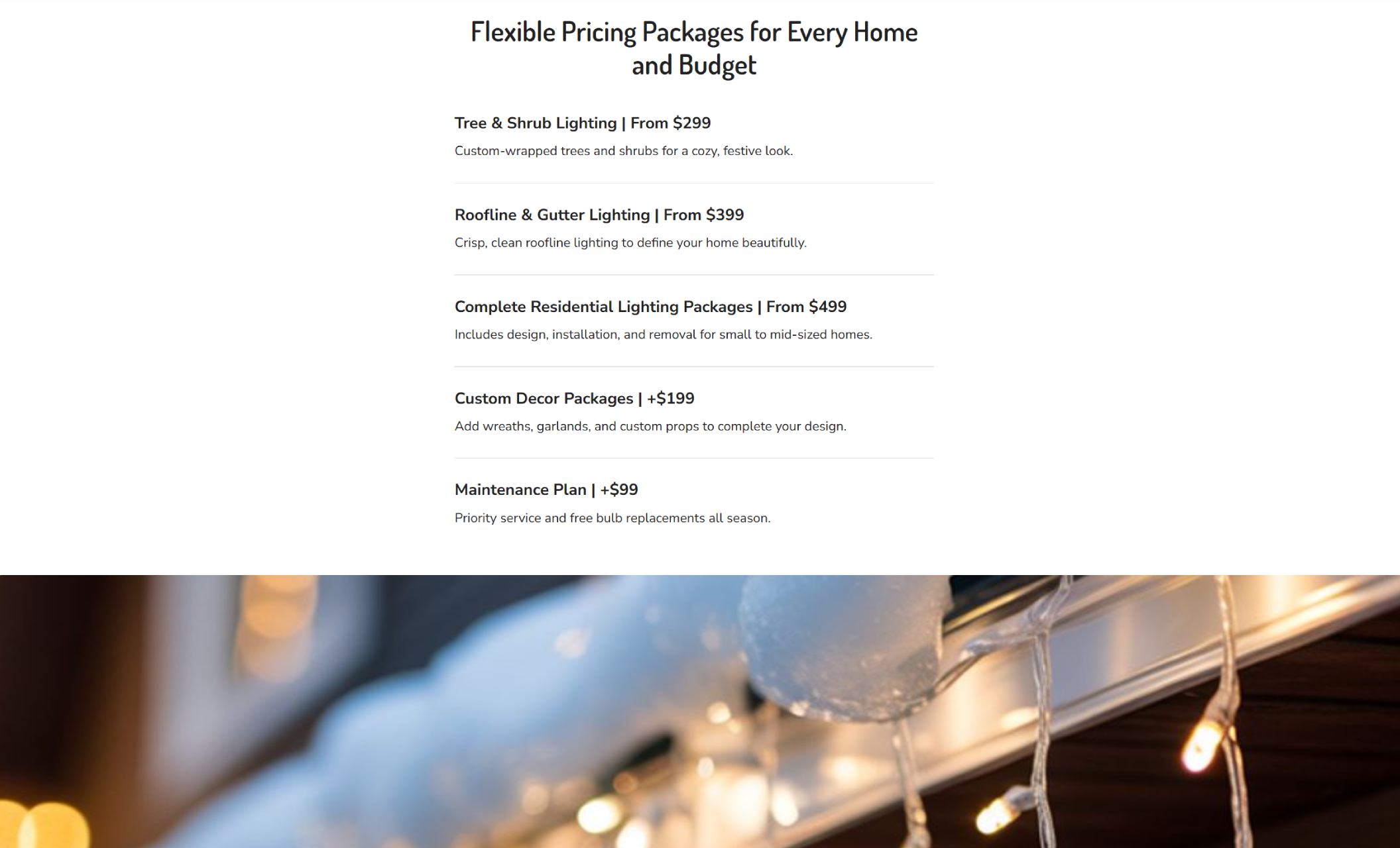 The Christmas Light Crew pricing section titled “Flexible Pricing Packages for Every Home and Budget,” listing service tiers such as tree and shrub lighting, roofline and gutter lighting, and custom décor packages, above a blurred photo of glowing icicle lights with snow