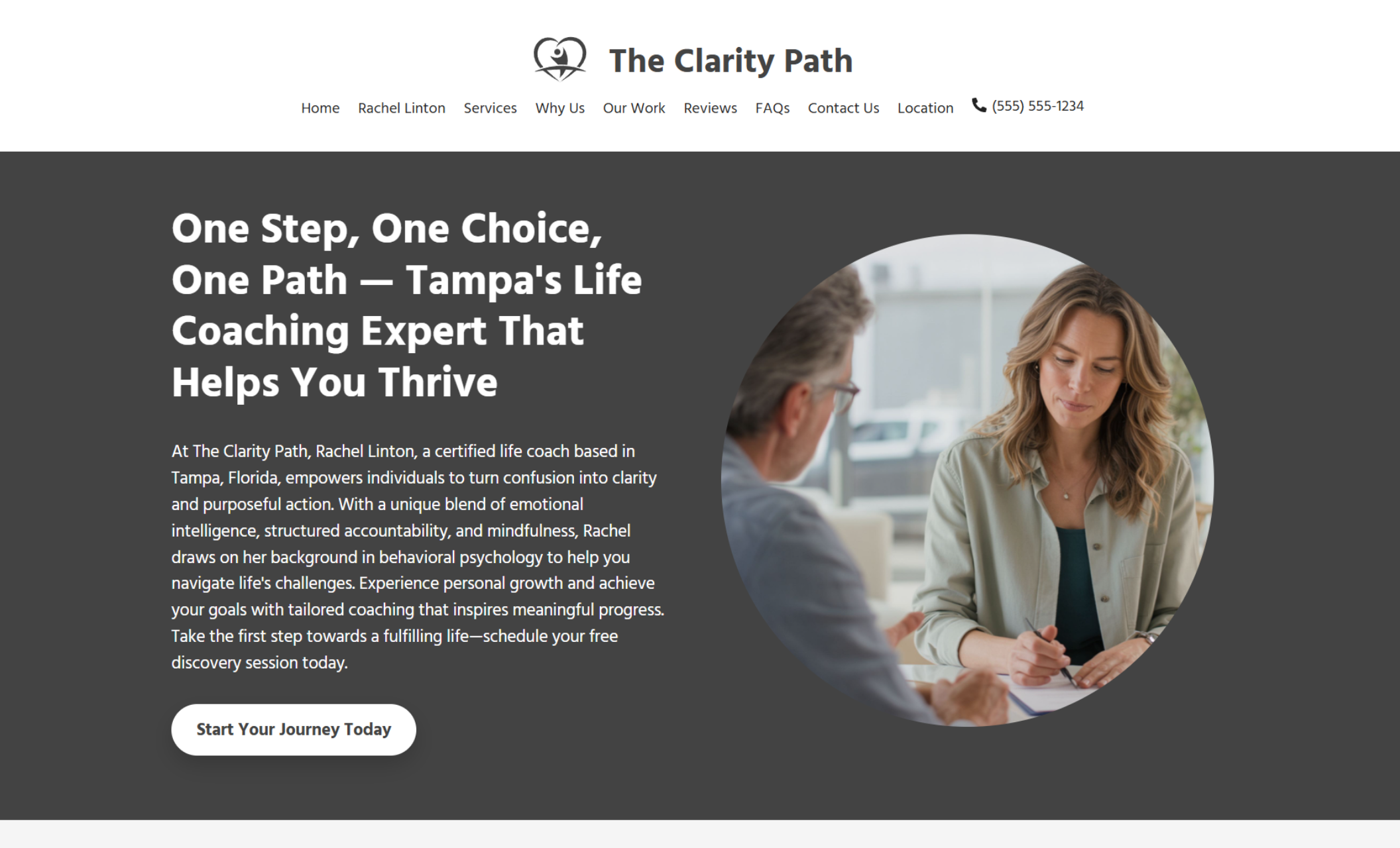The Clarity Path homepage featuring life coach Rachel Linton meeting with a client beside the headline “One Step, One Choice, One Path — Tampa’s Life Coaching Expert That Helps You Thrive” on a dark gray background