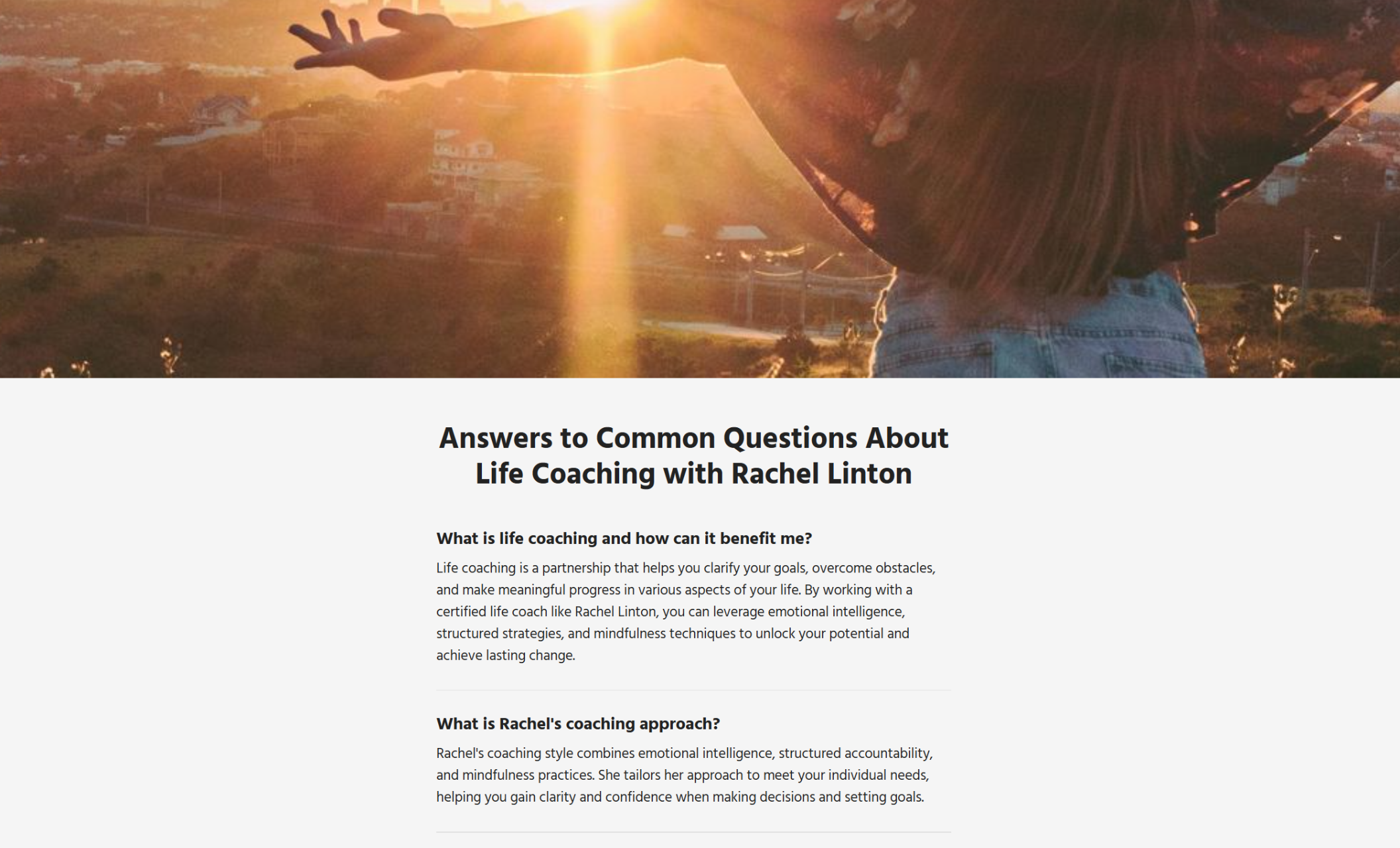 The Clarity Path FAQ page showing a woman standing outdoors at sunrise with her arms open, paired with the headline “Answers to Common Questions About Life Coaching with Rachel Linton.”