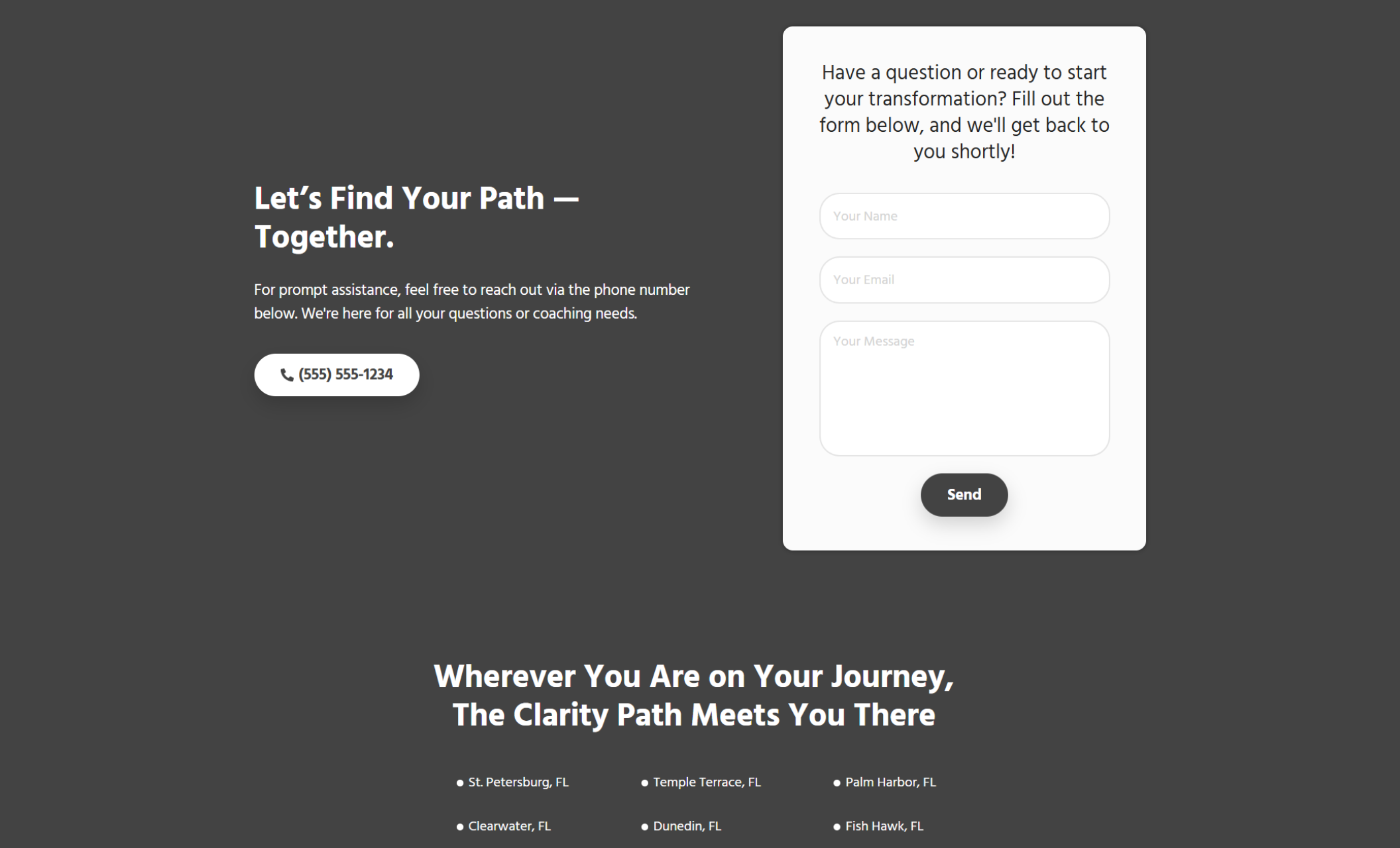 The Clarity Path contact section displaying a minimalist gray-and-white design with a “Let’s Find Your Path — Together” headline, phone number, contact form, and list of Florida service areas