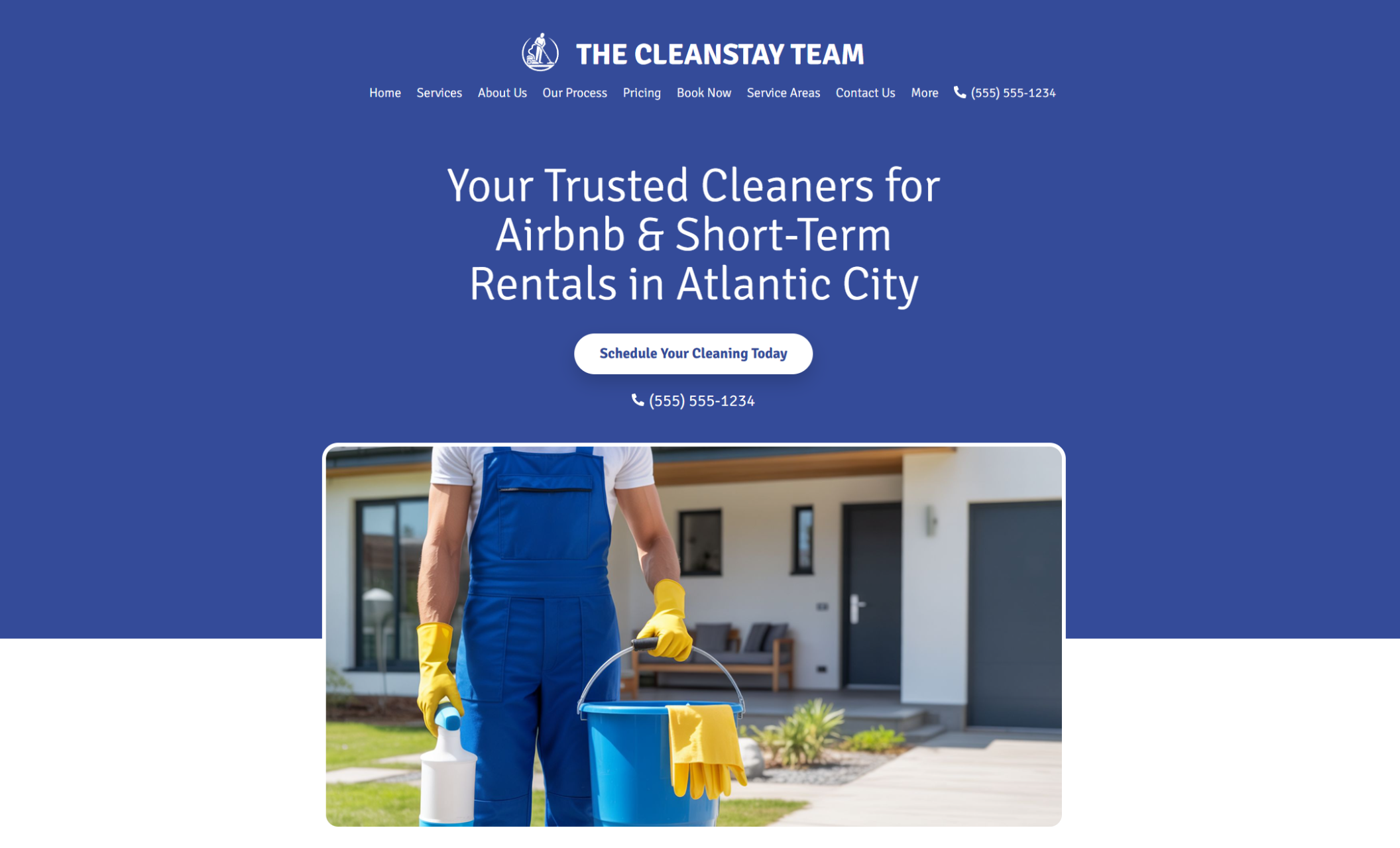 The CleanStay Team homepage hero featuring a cleaner in blue coveralls holding a bucket and spray bottle in front of a house, under the headline “Your Trusted Cleaners for Airbnb & Short-Term Rentals in Atlantic City.”