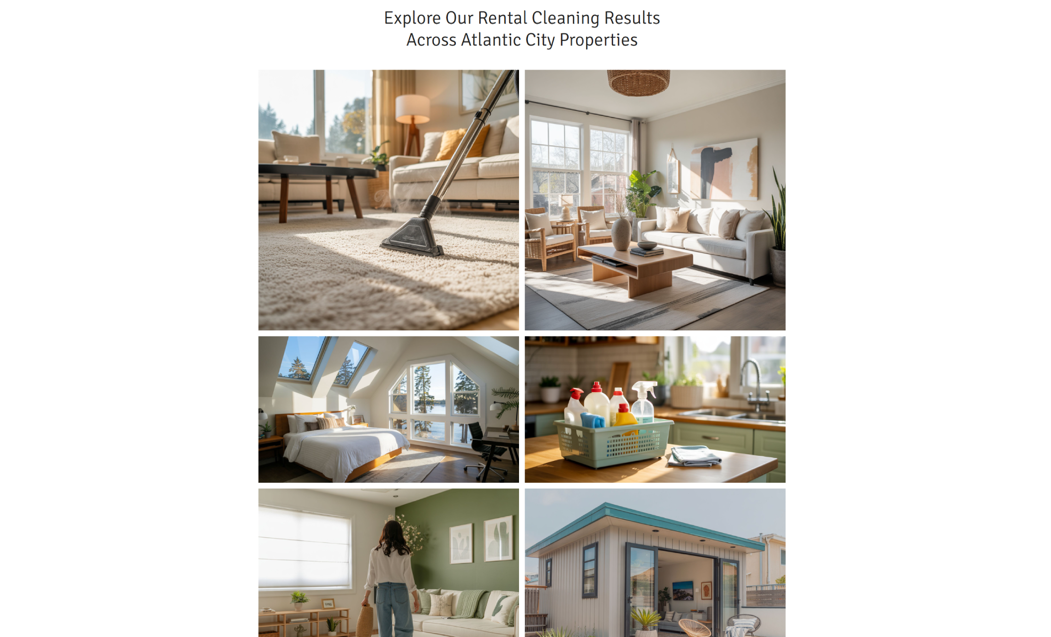 The CleanStay Team gallery section titled “Explore Our Rental Cleaning Results Across Atlantic City Properties,” featuring a grid of bright Airbnb interiors, cleaning scenes, and a small modern home exterior