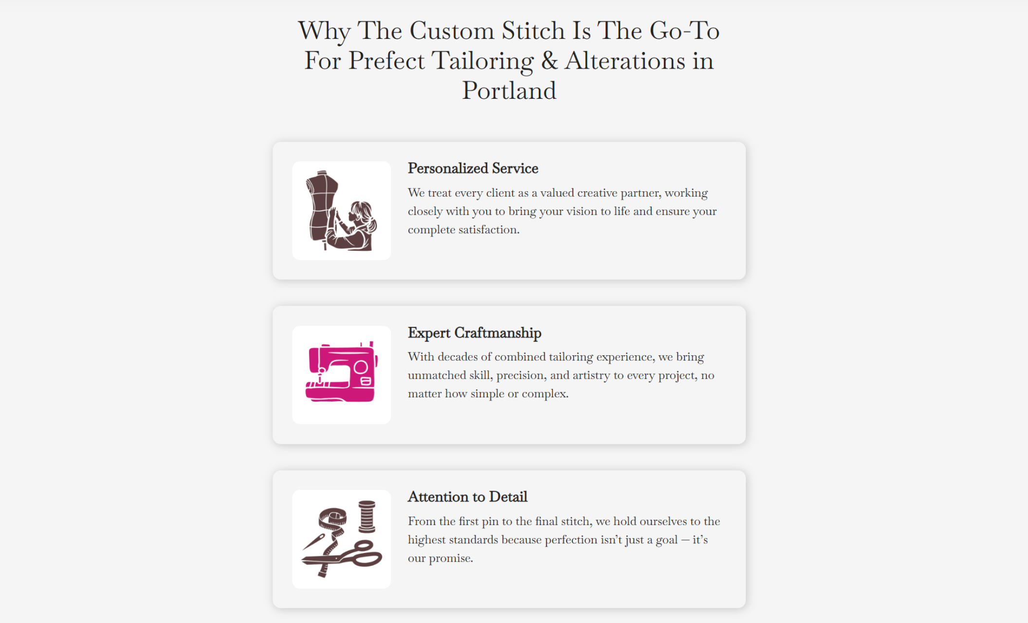 The Custom Stitch services highlight section with three illustrated icons labeled “Personalized Service,” “Expert Craftsmanship,” and “Attention to Detail,” each with short descriptions, set against a light background with soft shadowed boxes
