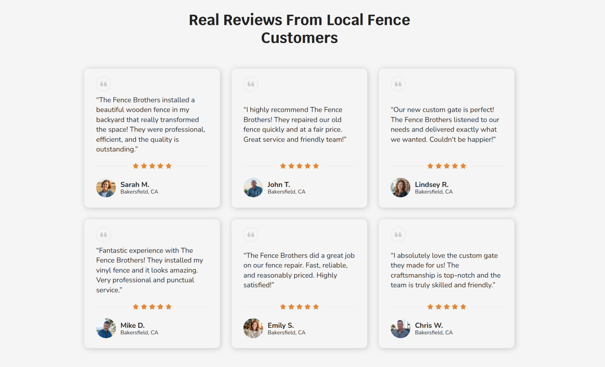The Fence Brothers reviews section featuring six testimonial cards with 5-star ratings, customer names like “Sarah M.” and “Lindsey R.,” and the headline “Real Reviews From Local Fence Customers.”