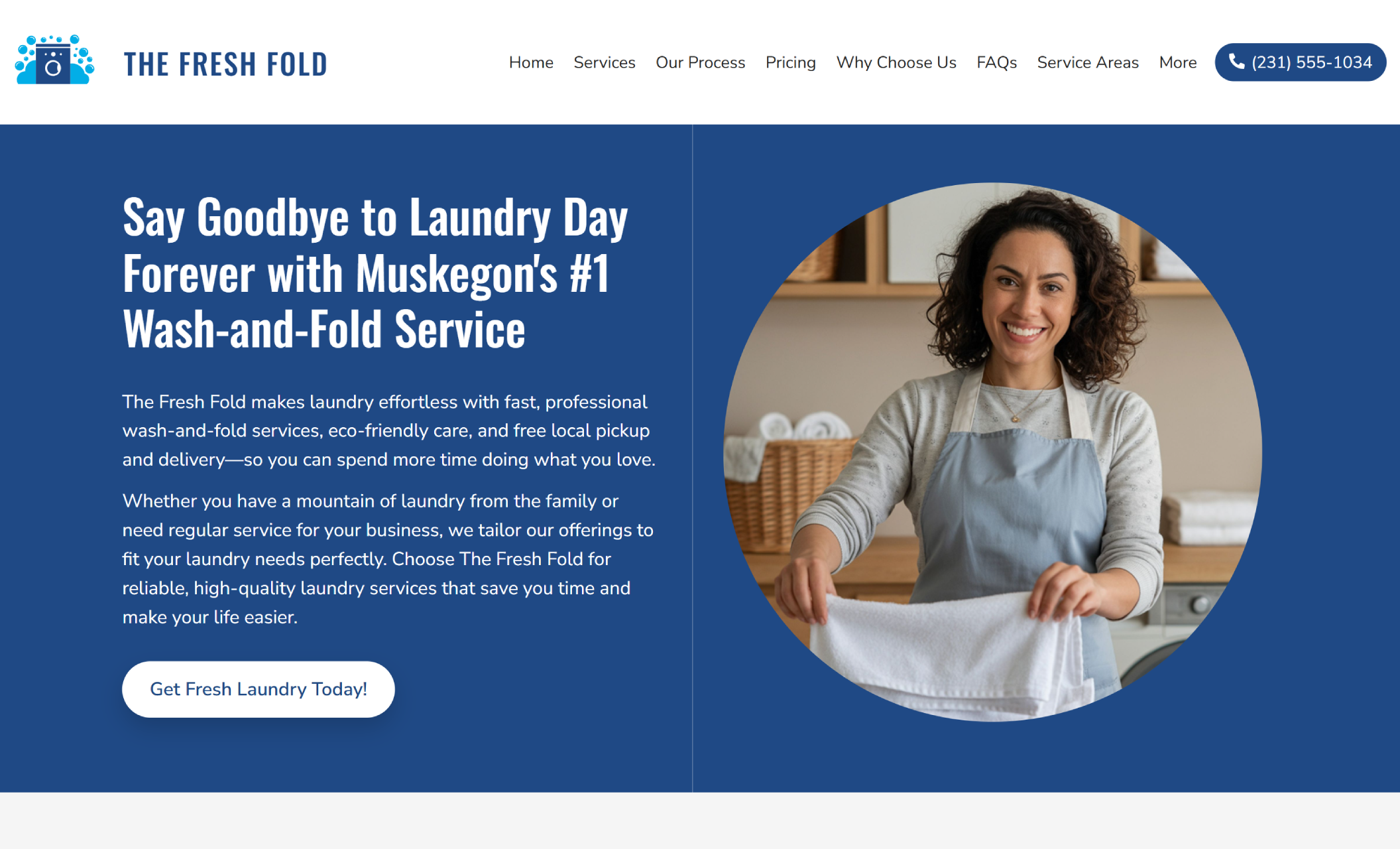 The Fresh Fold homepage featuring a smiling woman holding a folded towel beside the headline “Say Goodbye to Laundry Day Forever with Muskegon’s #1 Wash-and-Fold Service” and a white button that says “Get Fresh Laundry Today!”