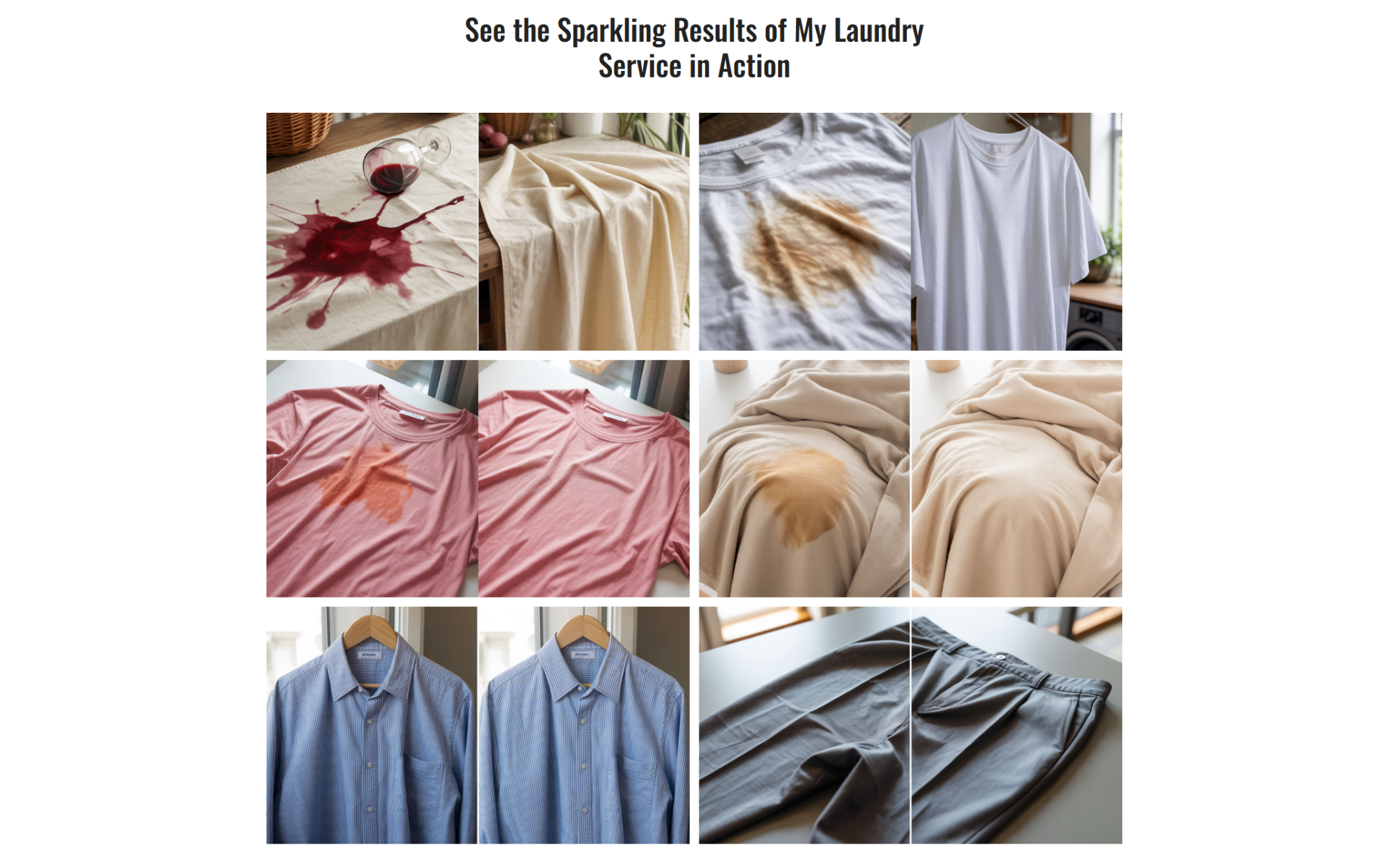 Side-by-side before-and-after image gallery from The Fresh Fold titled “See the Sparkling Results of My Laundry Service in Action,” showing stain removals and fresh pressed garments in a neat 3-row grid