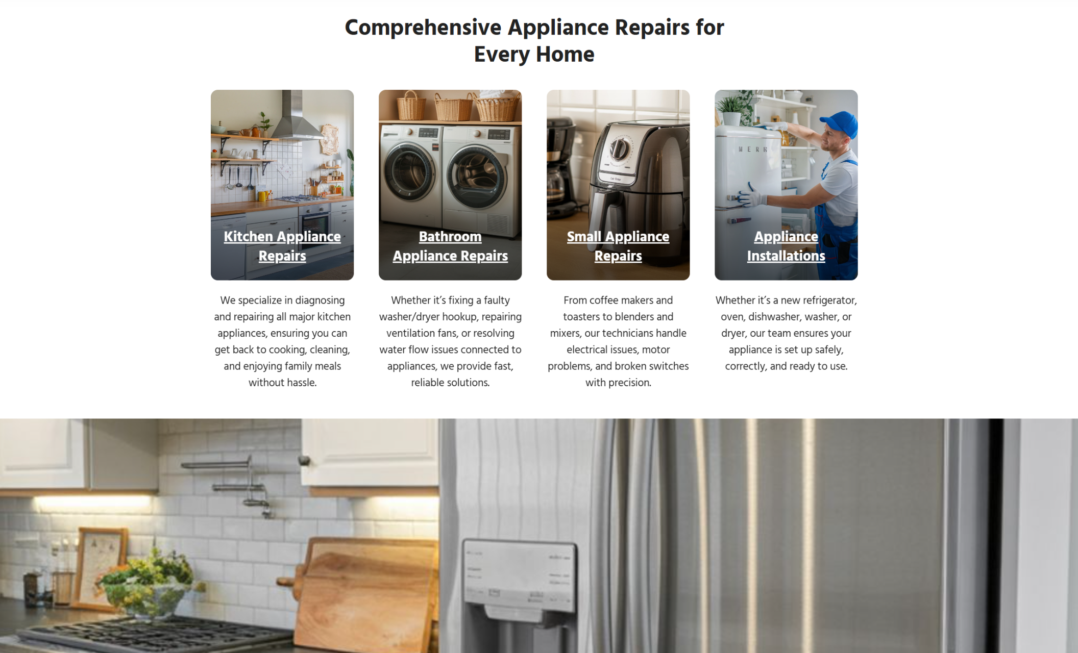 The Friendly Fixers webpage section titled “Comprehensive Appliance Repairs for Every Home” with four service categories — kitchen, bathroom, small appliances, and installations — each illustrated with images of appliances like stoves, washing machines, toasters, and refrigerators