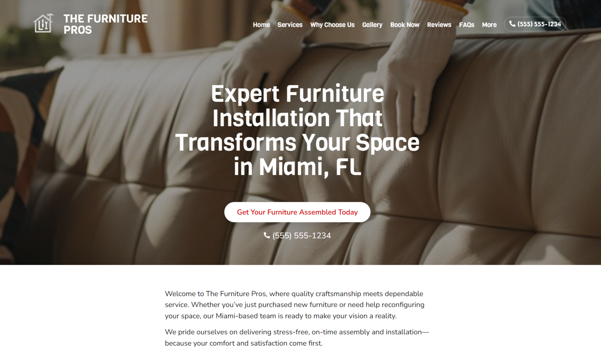 The Furniture Pros homepage hero image featuring a close-up of a technician’s gloved hands smoothing a leather sofa beneath the headline ‘Expert Furniture Installation That Transforms Your Space in Miami, FL.’