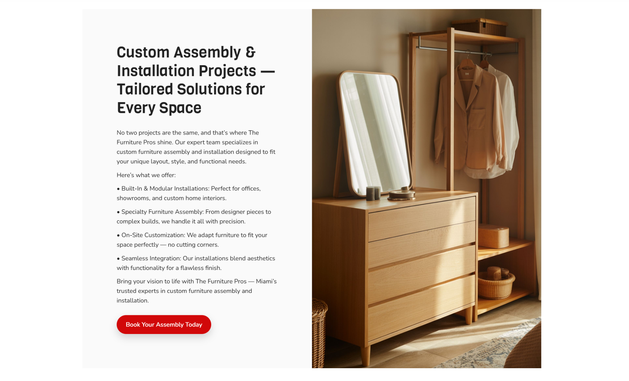 The Furniture Pros custom assembly section showing a minimalist wooden dresser and open wardrobe beside text detailing built-in installations, specialty assembly, on-site customization, and seamless furniture integration services