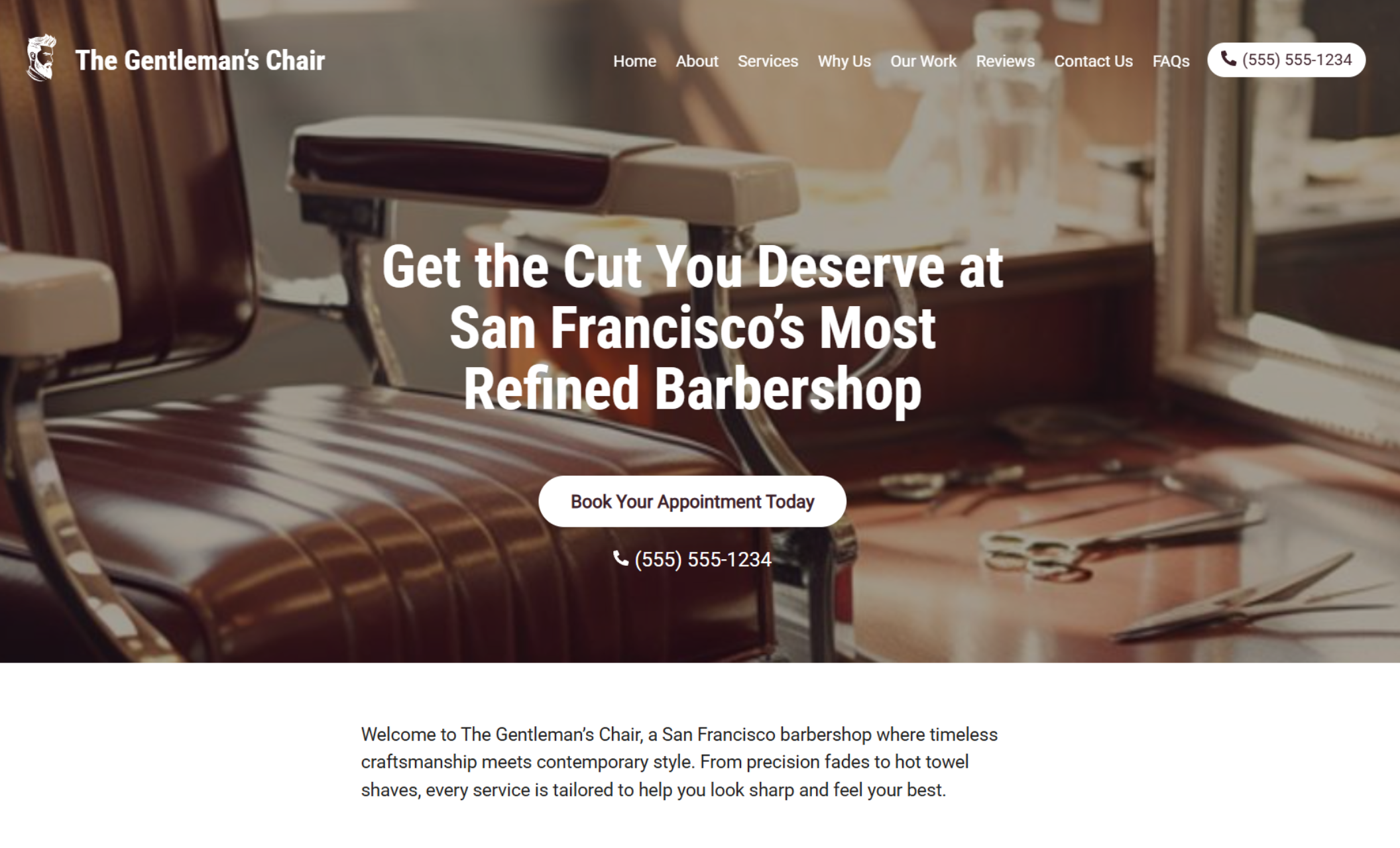 The Gentleman’s Chair homepage featuring a vintage leather barber chair beside the headline “Get the Cut You Deserve at San Francisco’s Most Refined Barbershop” and a white button that says “Book Your Appointment Today.”