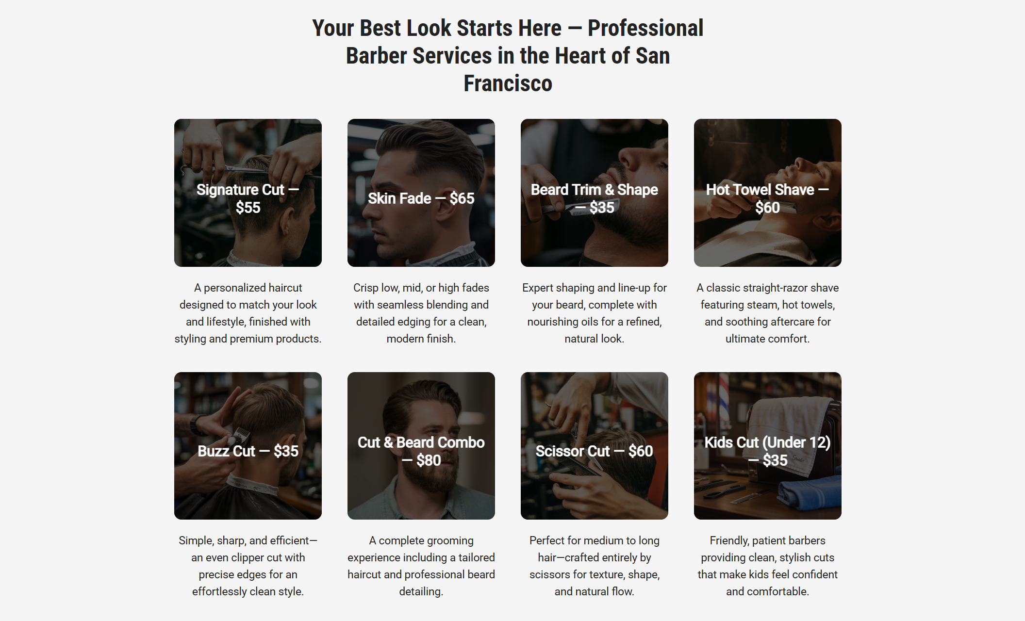 Services section of The Gentleman’s Chair website showcasing eight professional haircut and grooming options, including Signature Cut, Skin Fade, Beard Trim & Shape, and Hot Towel Shave, under the heading “Your Best Look Starts Here — Professional Barber Services in the Heart of San Francisco.”