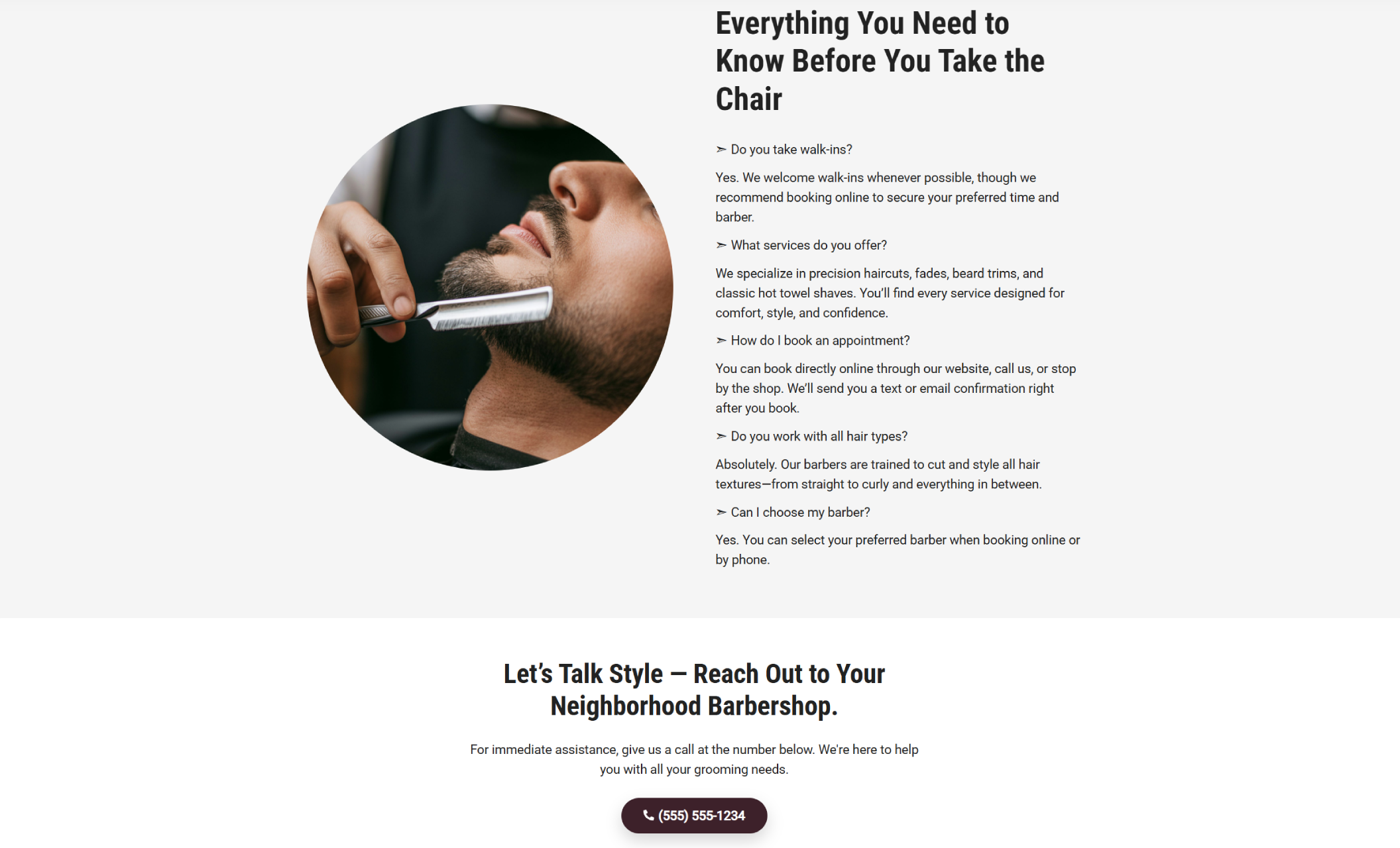 FAQ section of The Gentleman’s Chair website featuring a circular photo of a client receiving a straight-razor shave beside the headline “Everything You Need to Know Before You Take the Chair.”s