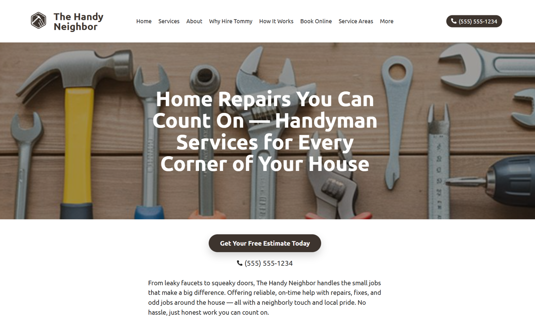 The Handy Neighbor homepage featuring a woodgrain background with a flat lay of tools including wrenches, a hammer, and a screwdriver beneath the headline “Home Repairs You Can Count On — Handyman Services for Every Corner of Your House” and a bold button that says “Get Your Free Estimate Today.”