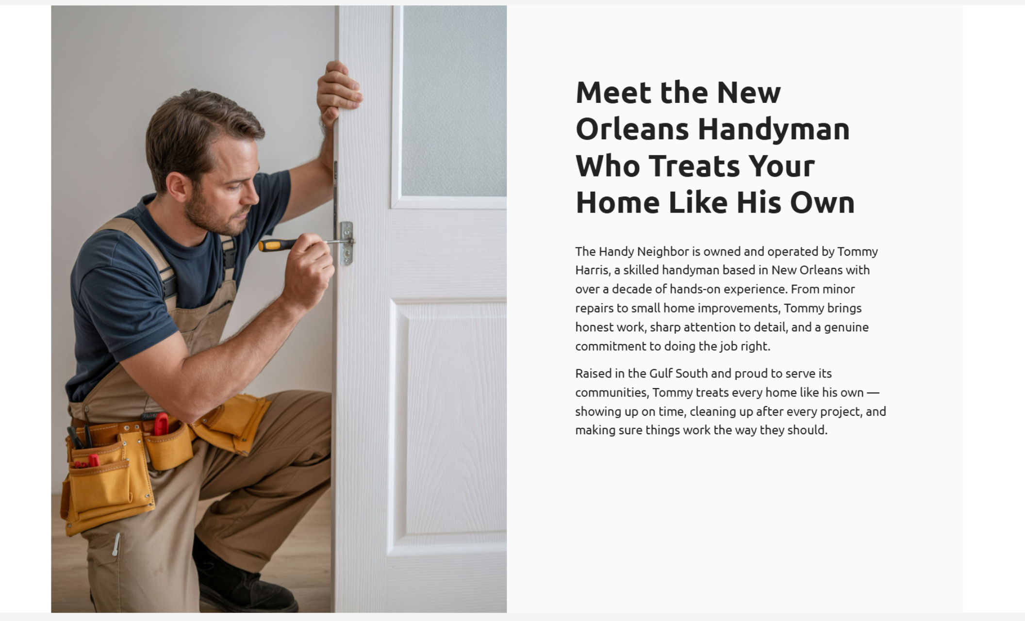 About section with a photo of a man in tan overalls tightening door hardware beside the headline “Meet the New Orleans Handyman Who Treats Your Home Like His Own” and a paragraph about Tommy Harris’ experience