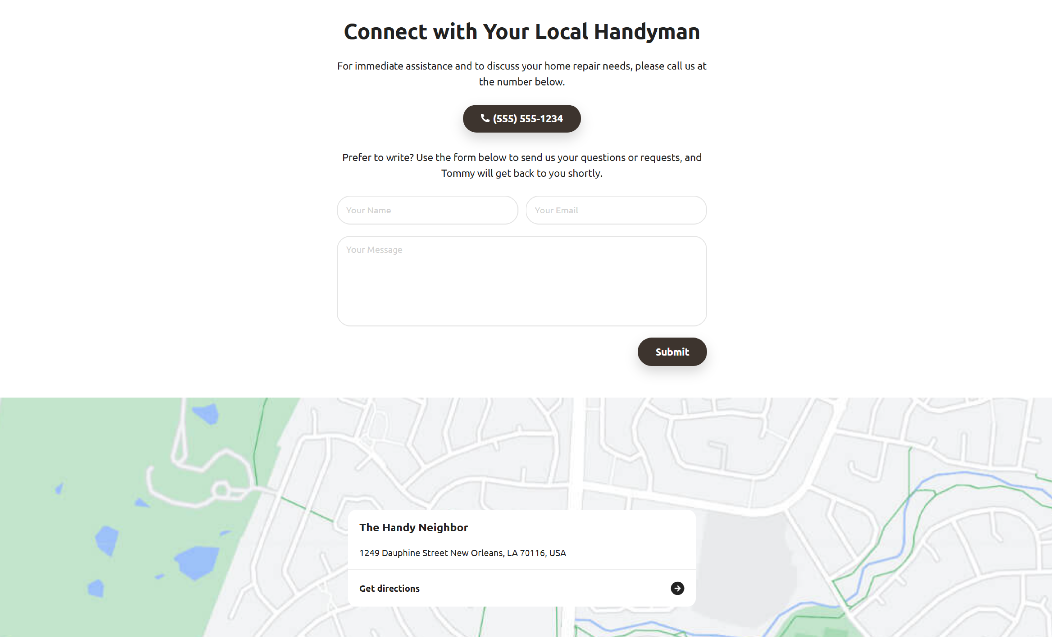 Contact section titled “Connect with Your Local Handyman” featuring a phone number, contact form, and an embedded map showing the business address at 1249 Dauphine Street, New Orleans, LA