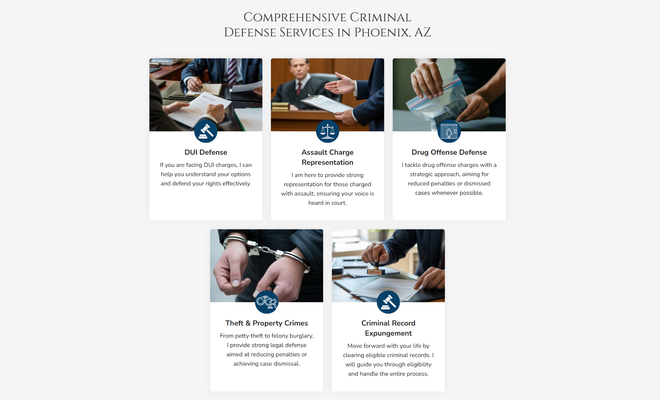 Service grid titled “Comprehensive Criminal Defense Services in Phoenix, AZ” featuring cards for DUI defense, assault charges, drug offenses, theft crimes, and record expungement