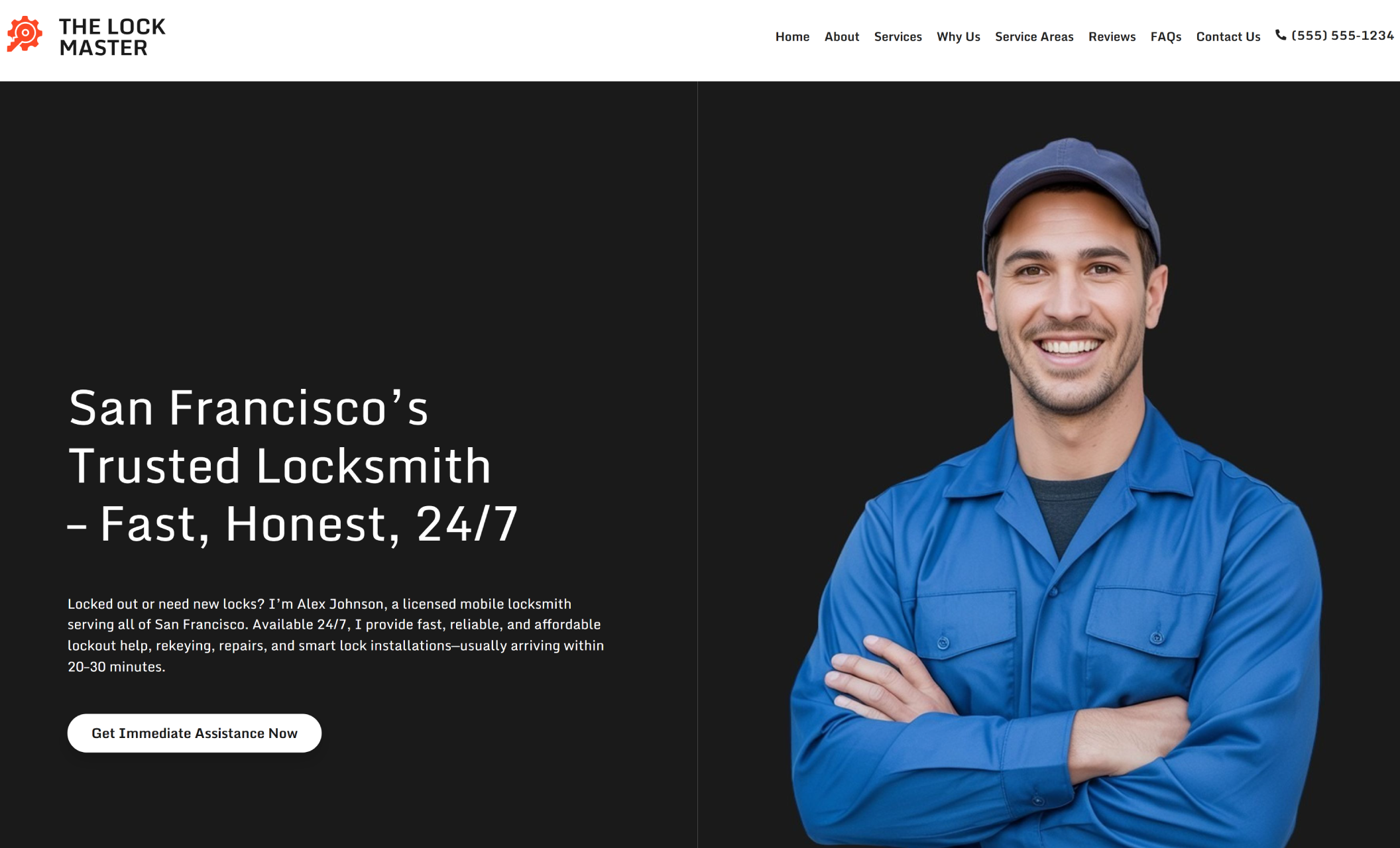 The Lock Master homepage showing a smiling locksmith in a blue uniform beside the headline “San Francisco’s Trusted Locksmith – Fast, Honest, 24/7” and a white button reading “Get Immediate Assistance Now.”