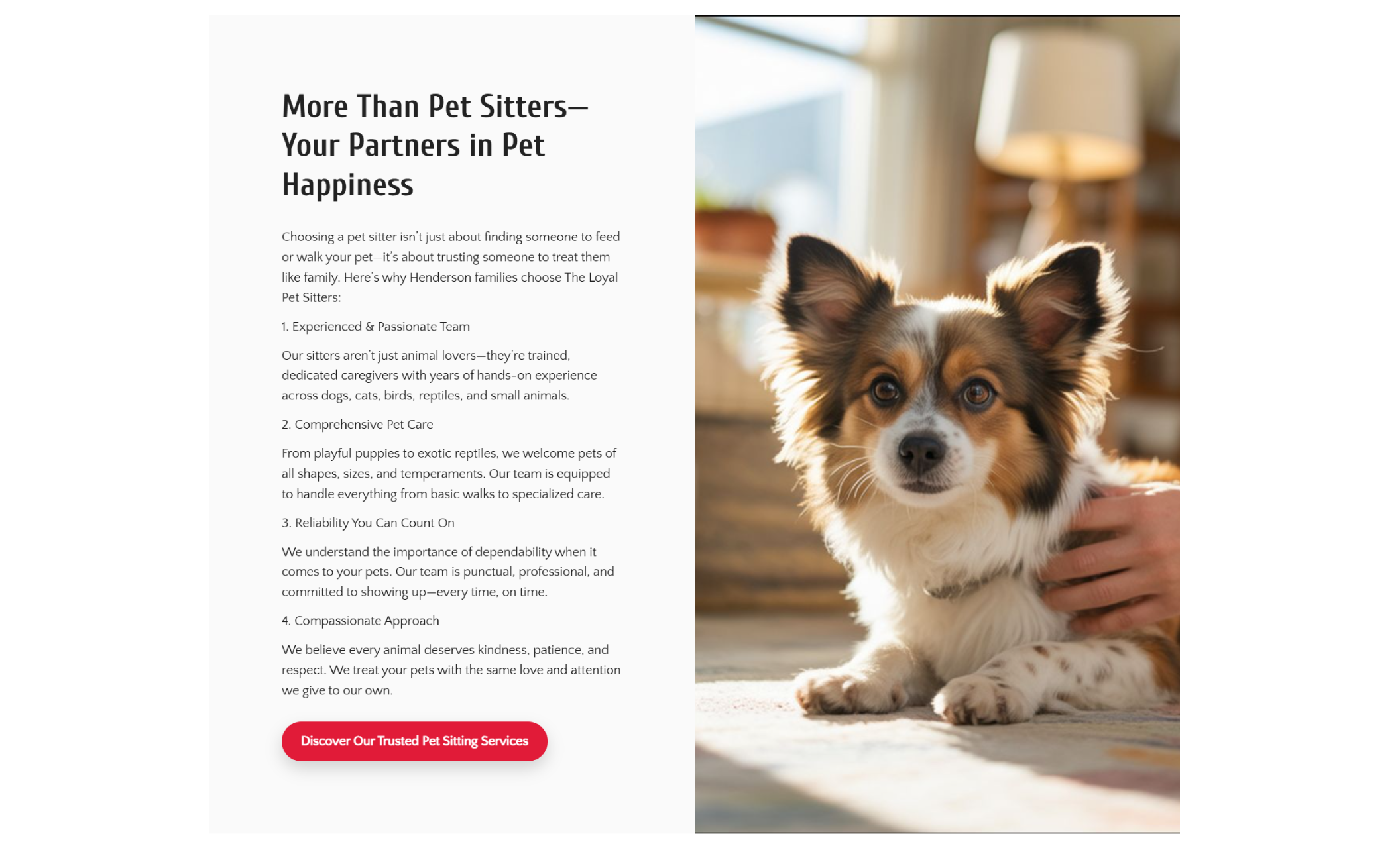 The Loyal Pet Sitters “About Us” section featuring a photo of a small dog sitting indoors beside the headline “More Than Pet Sitters—Your Partners in Pet Happiness” and a list of four trust-building points