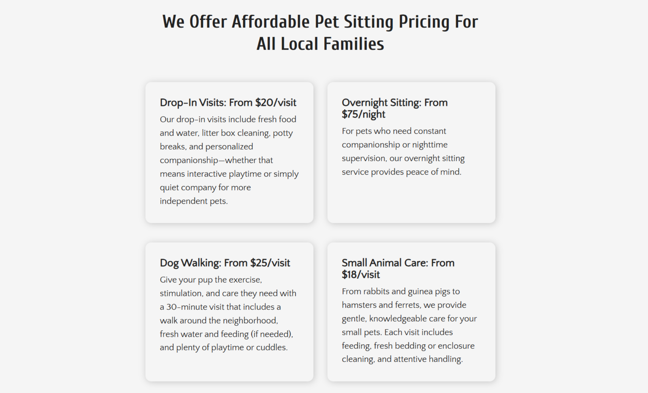 The Loyal Pet Sitters pricing section showcasing four service cards with bold titles and descriptions, including Drop-In Visits, Overnight Sitting, Dog Walking, and Small Animal Care, each displaying starting prices per visit