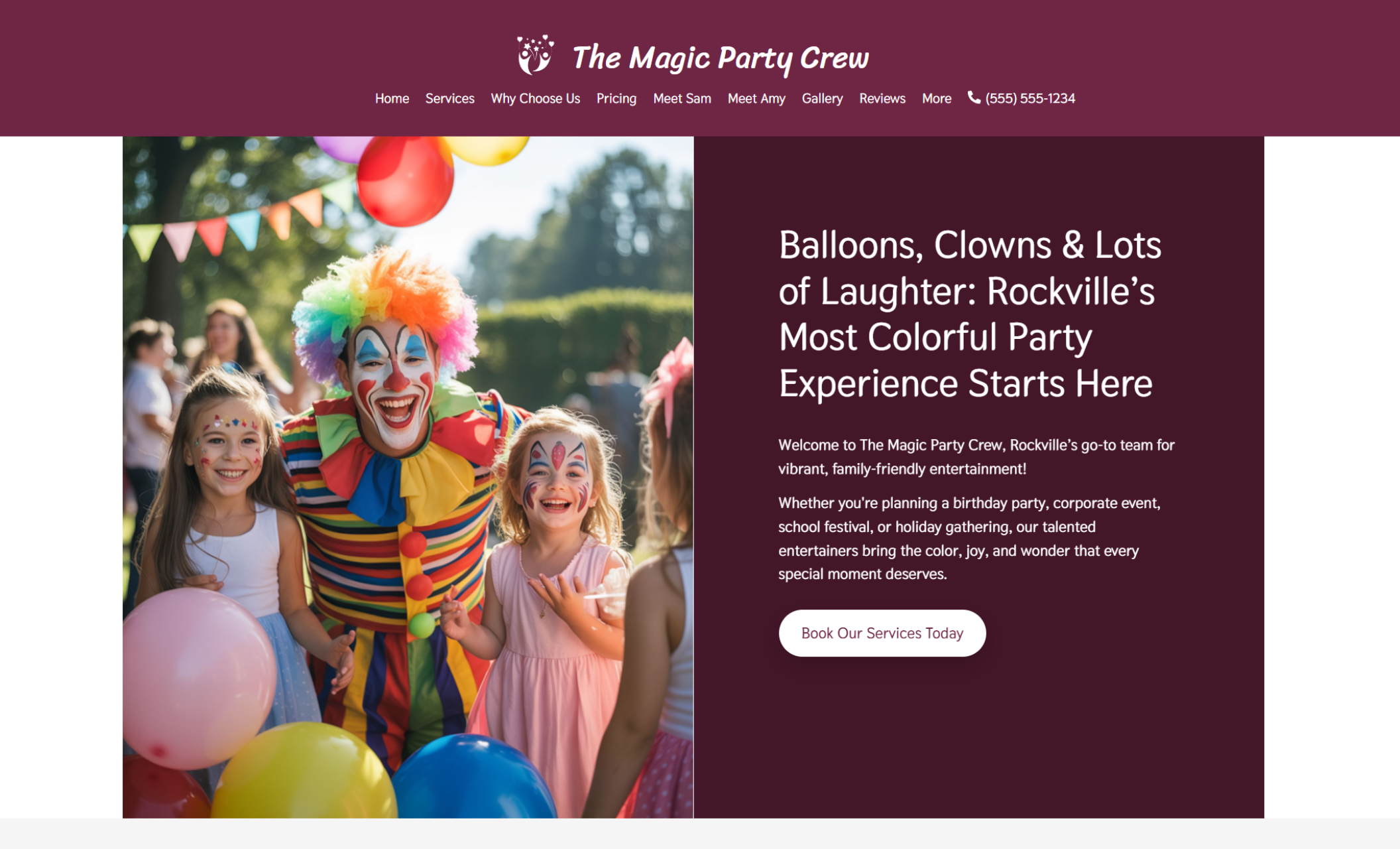 The Magic Party Crew hero section featuring a colorful clown entertainer smiling with face-painted children holding balloons, alongside the headline “Balloons, Clowns & Lots of Laughter: Rockville’s Most Colorful Party Experience Starts Here” and a white “Book Our Services Today” button