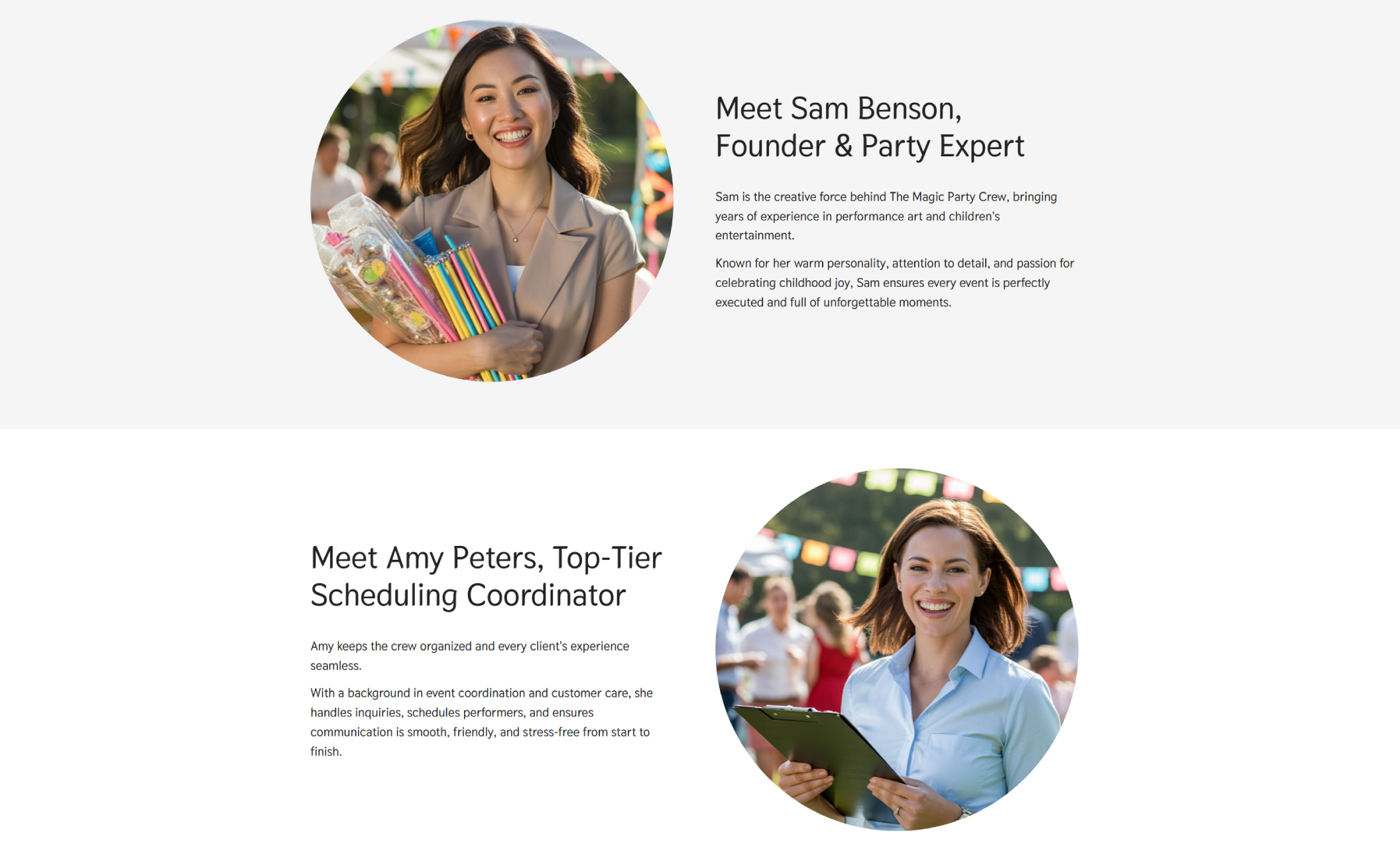 The Magic Party Crew team section featuring a circular portrait of founder Sam Benson smiling while holding colorful party supplies, paired with the heading “Meet Sam Benson, Founder & Party Expert” and a short biography describing her experience in children’s entertainment