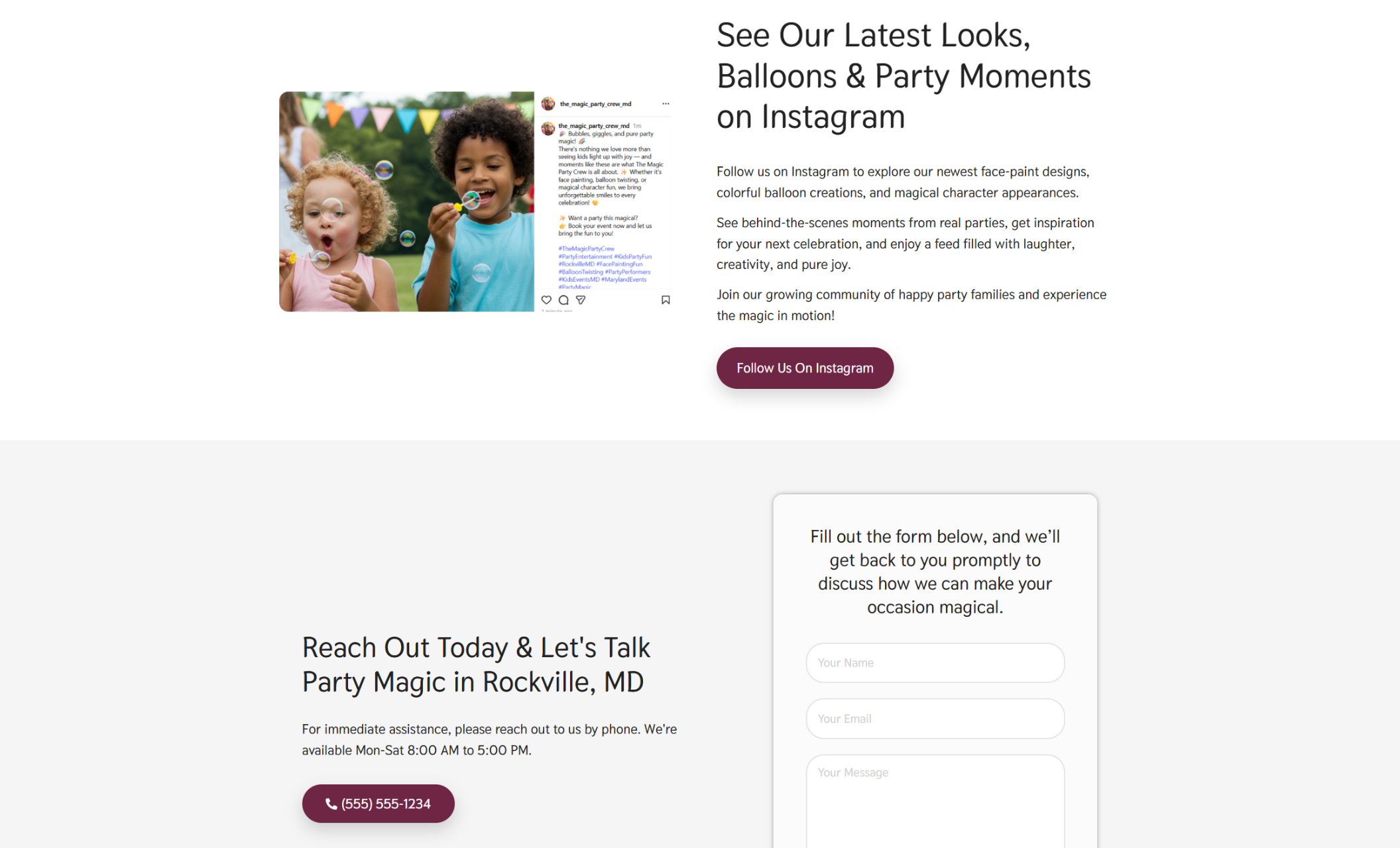 The Magic Party Crew Instagram showcase section featuring two children blowing bubbles at an outdoor party, beside the headline “See Our Latest Looks, Balloons & Party Moments on Instagram” and a burgundy button labeled “Follow Us On Instagram.”