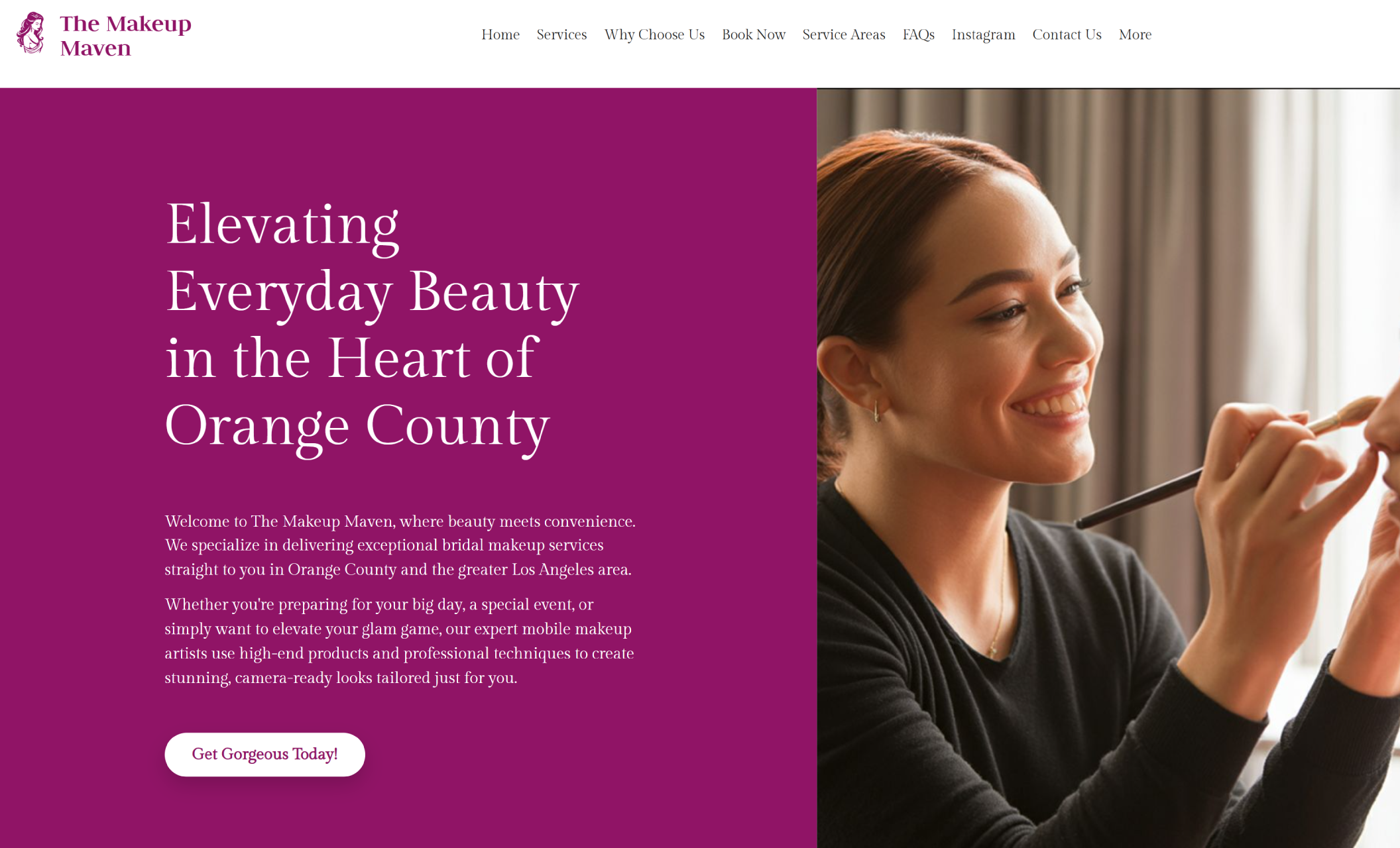 The Makeup Maven homepage featuring a smiling makeup artist applying product to a client’s face beside a magenta panel with the headline “Elevating Everyday Beauty in the Heart of Orange County” and a white “Get Gorgeous Today!” button
