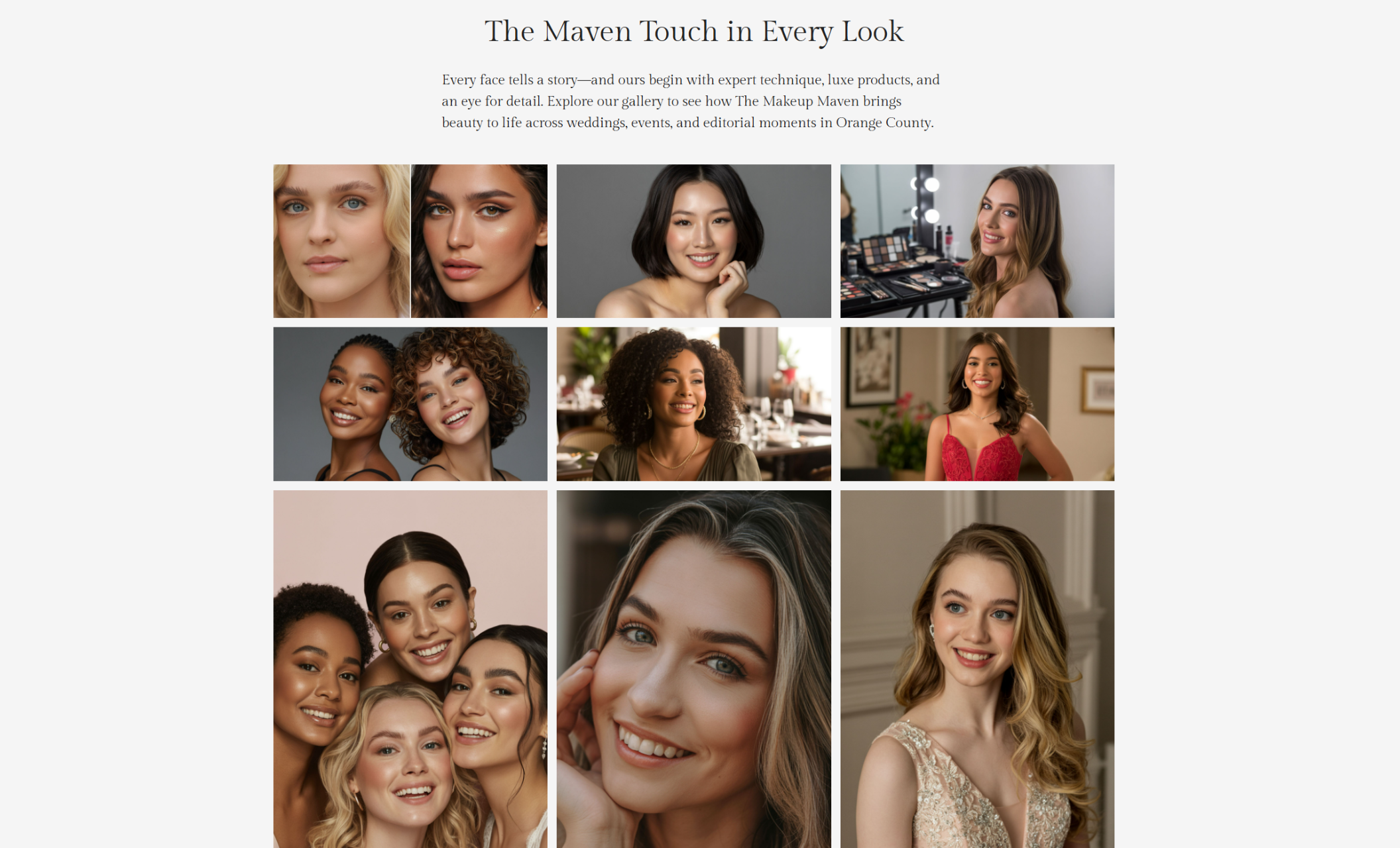 The Makeup Maven gallery under the heading “The Maven Touch in Every Look,” showing a collection of close-up portraits of diverse, glamorously styled women in editorial, bridal, and casual settings