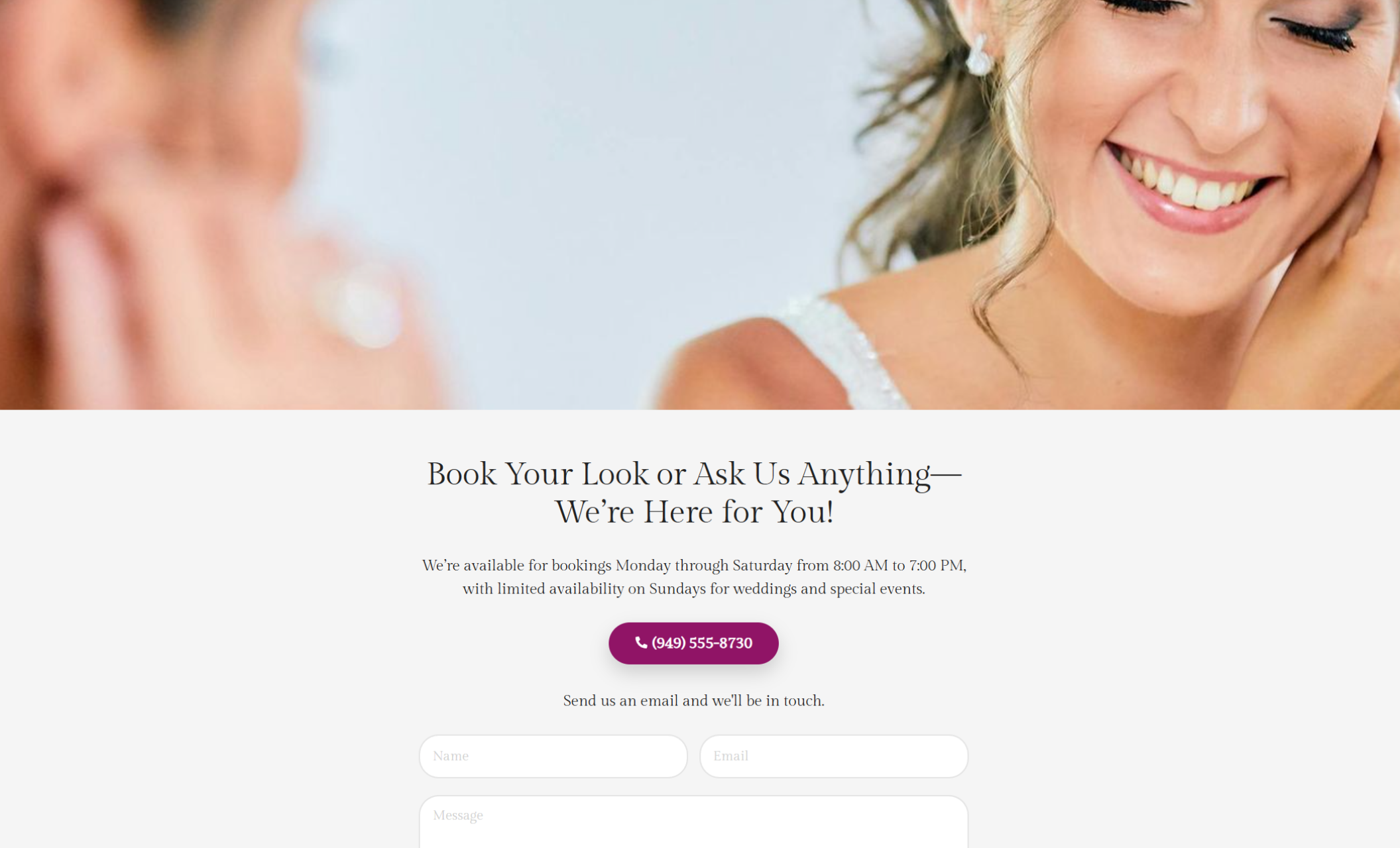 The Makeup Maven contact section showing a radiant bride smiling as she puts on an earring, paired with a soft gray background and a fuchsia call button under the text “Book Your Look or Ask Us Anything.”