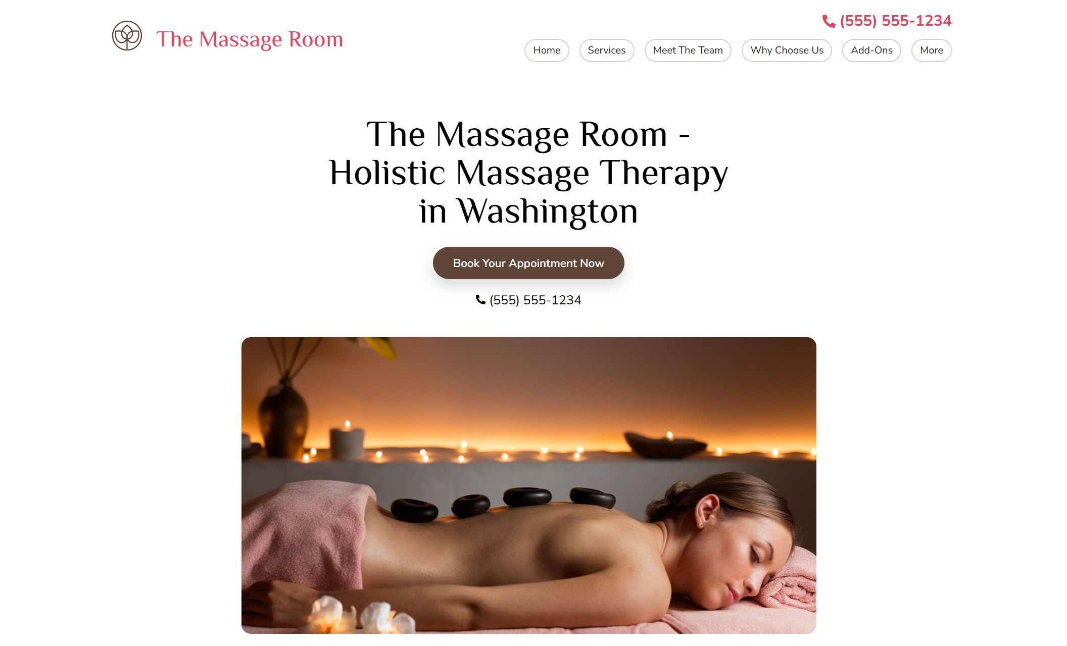 The Massage Room homepage with a white background, bold black headline, call-to-action button, and a peaceful photo of a woman receiving a hot stone massage in a softly lit room