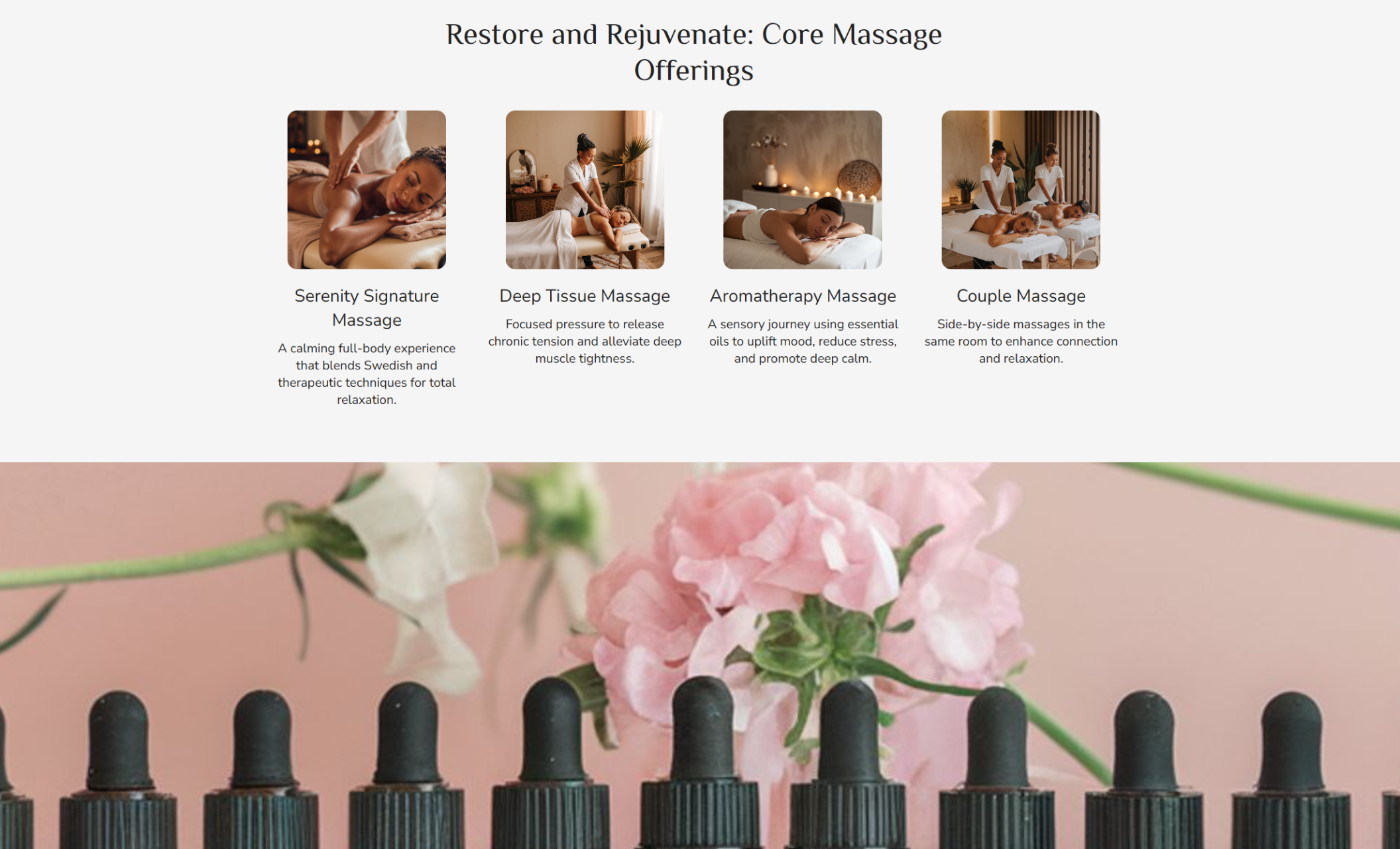 Services section with a white background, elegant black headline, and four image cards highlighting massage offerings including deep tissue, aromatherapy, and couple’s massages in tranquil spa settings