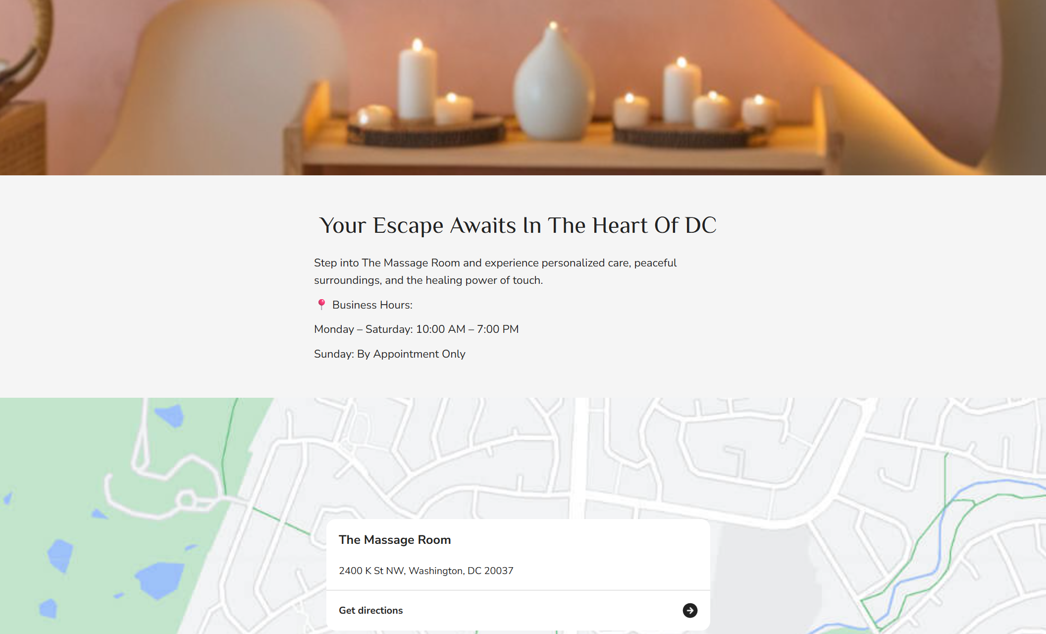 Location and hours section with a soft pastel background, black headline, business details, and a map showing The Massage Room's address in Washington, DC with a pin and directions link