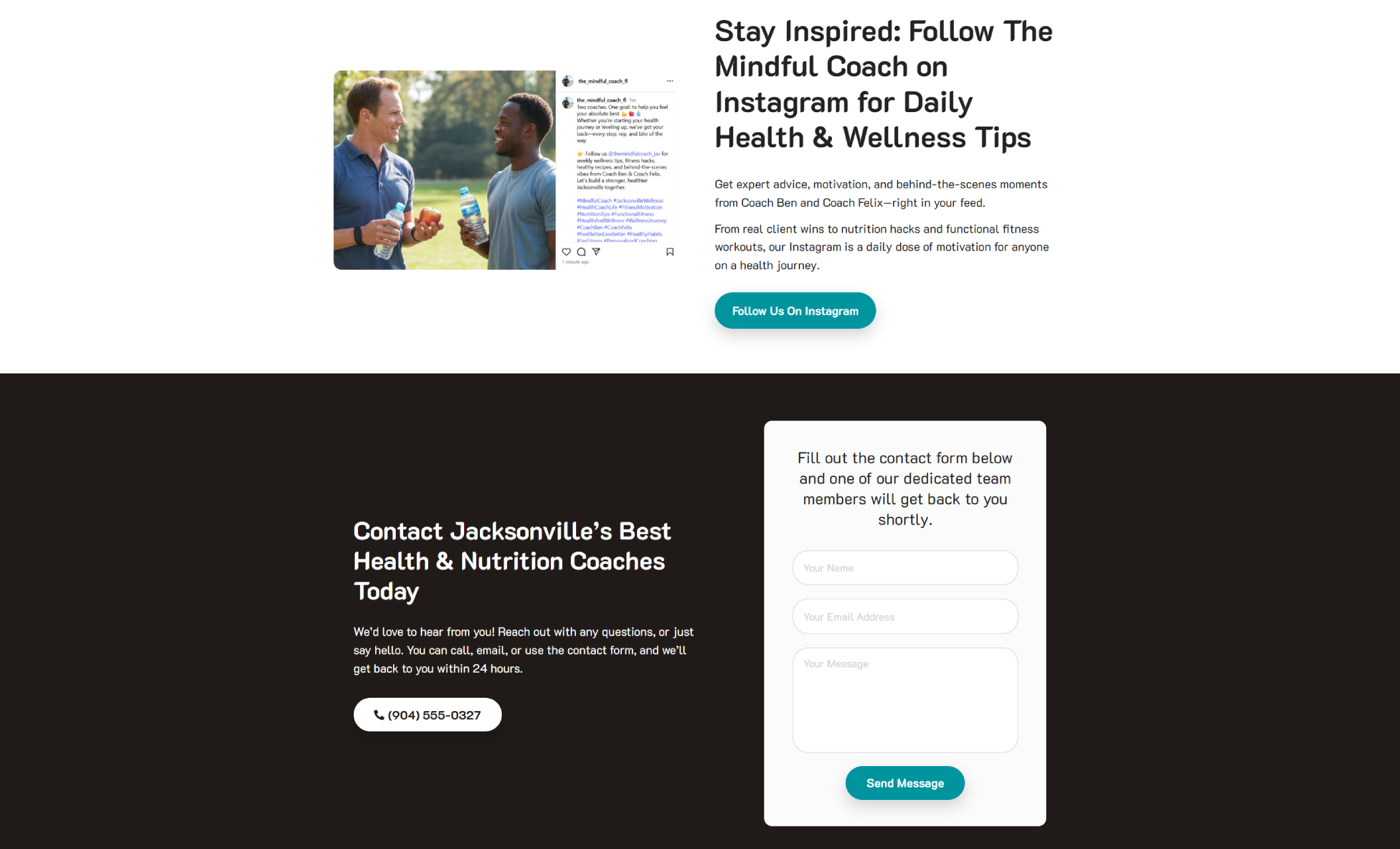 The Mindful Coach contact section showing two men chatting outdoors with water bottles, alongside a headline encouraging visitors to “Follow The Mindful Coach on Instagram for Daily Health & Wellness Tips” with a bright teal button that says “Follow Us On Instagram.”