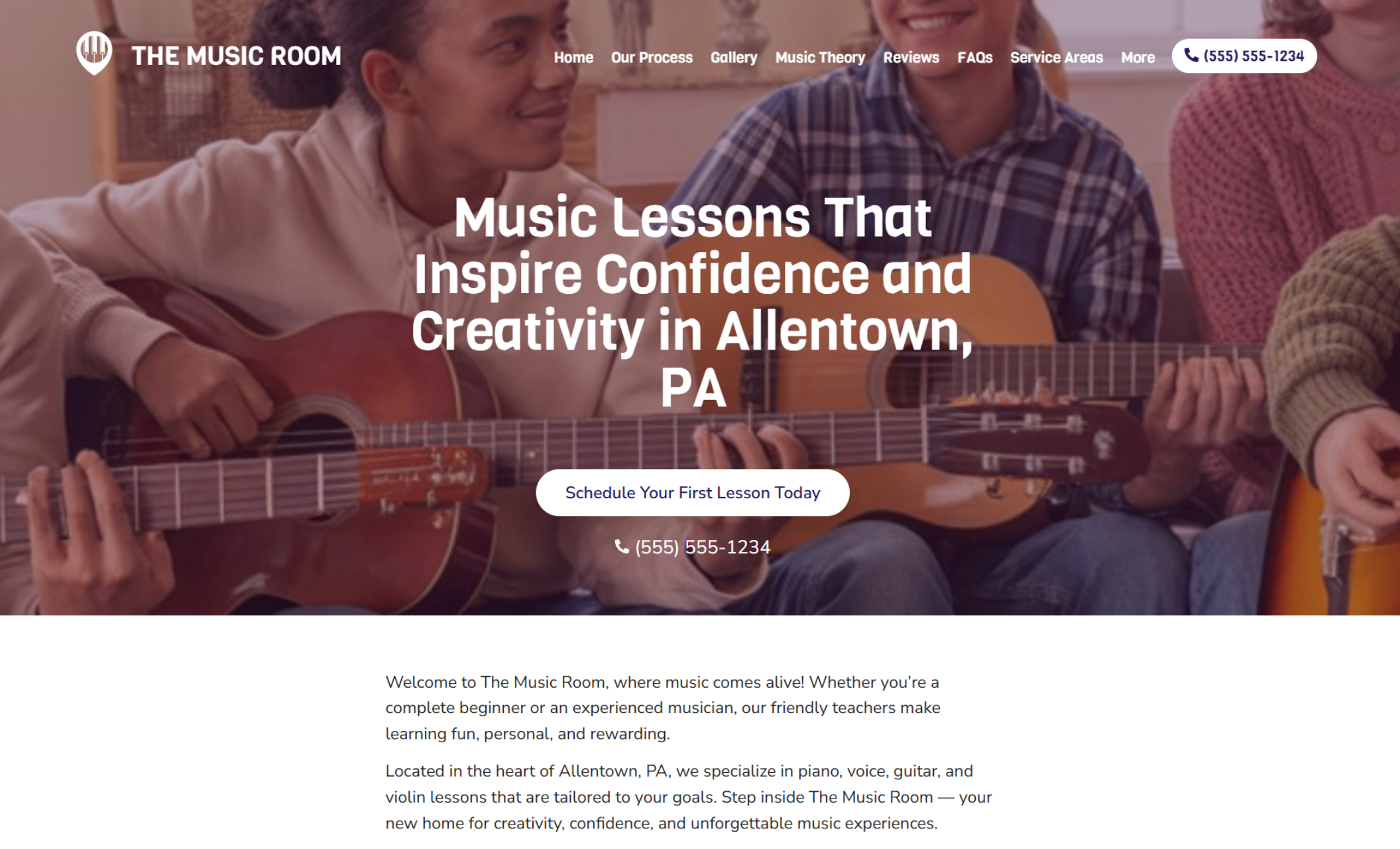 The Music Room homepage with smiling students playing guitars together under the headline “Music Lessons That Inspire Confidence and Creativity in Allentown, PA,” with a blue button that says “Schedule Your First Lesson Today.”