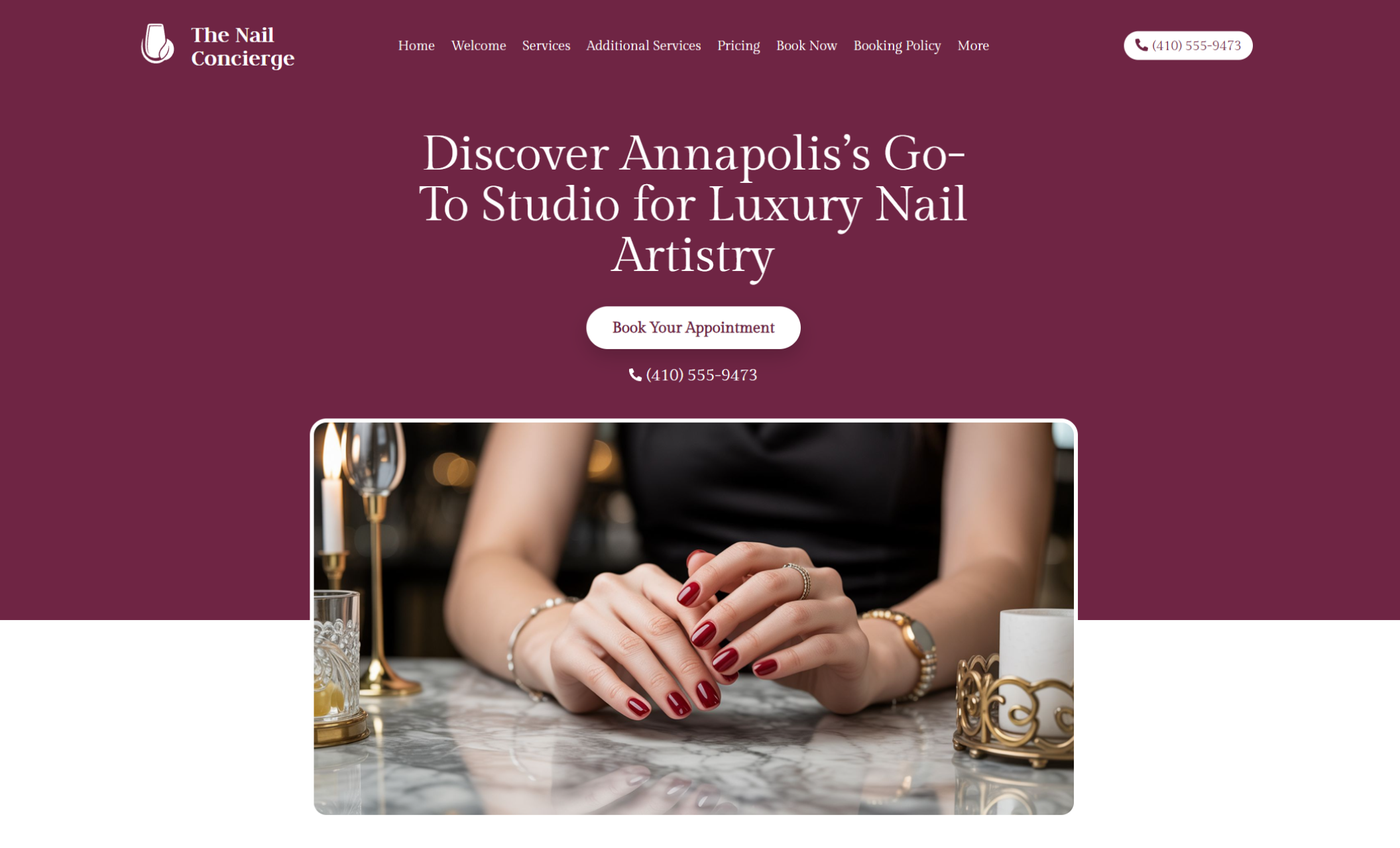 The Nail Concierge homepage featuring a client’s hands with red polish resting on a marble table beneath the headline “Discover Annapolis’s Go-To Studio for Luxury Nail Artistry” with a white booking button