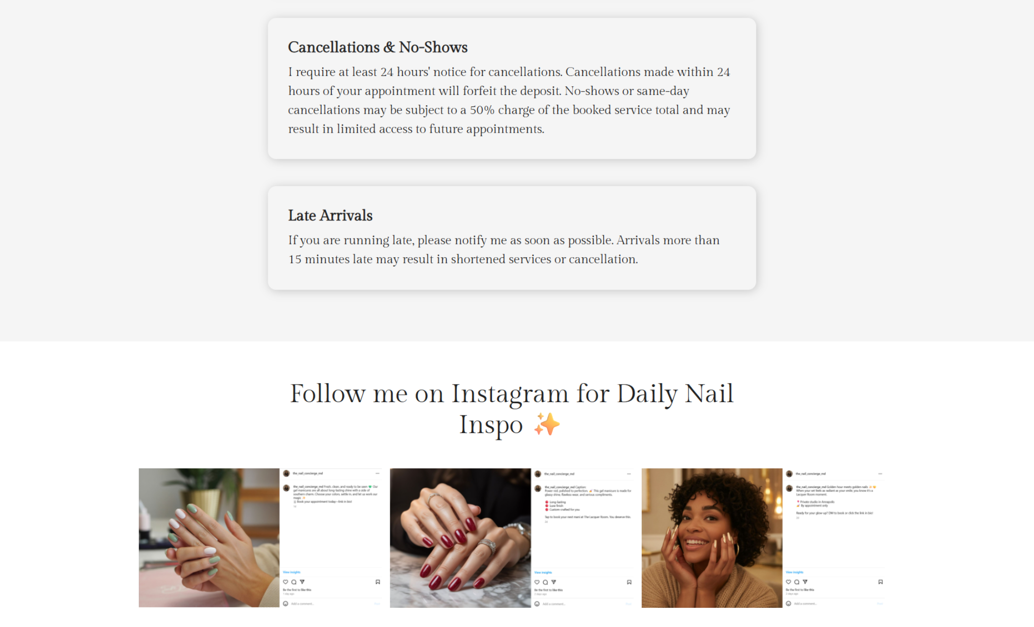 Instagram showcase featuring three photos of hands with mint, wine red, and golden manicures alongside matching Instagram captions and likes