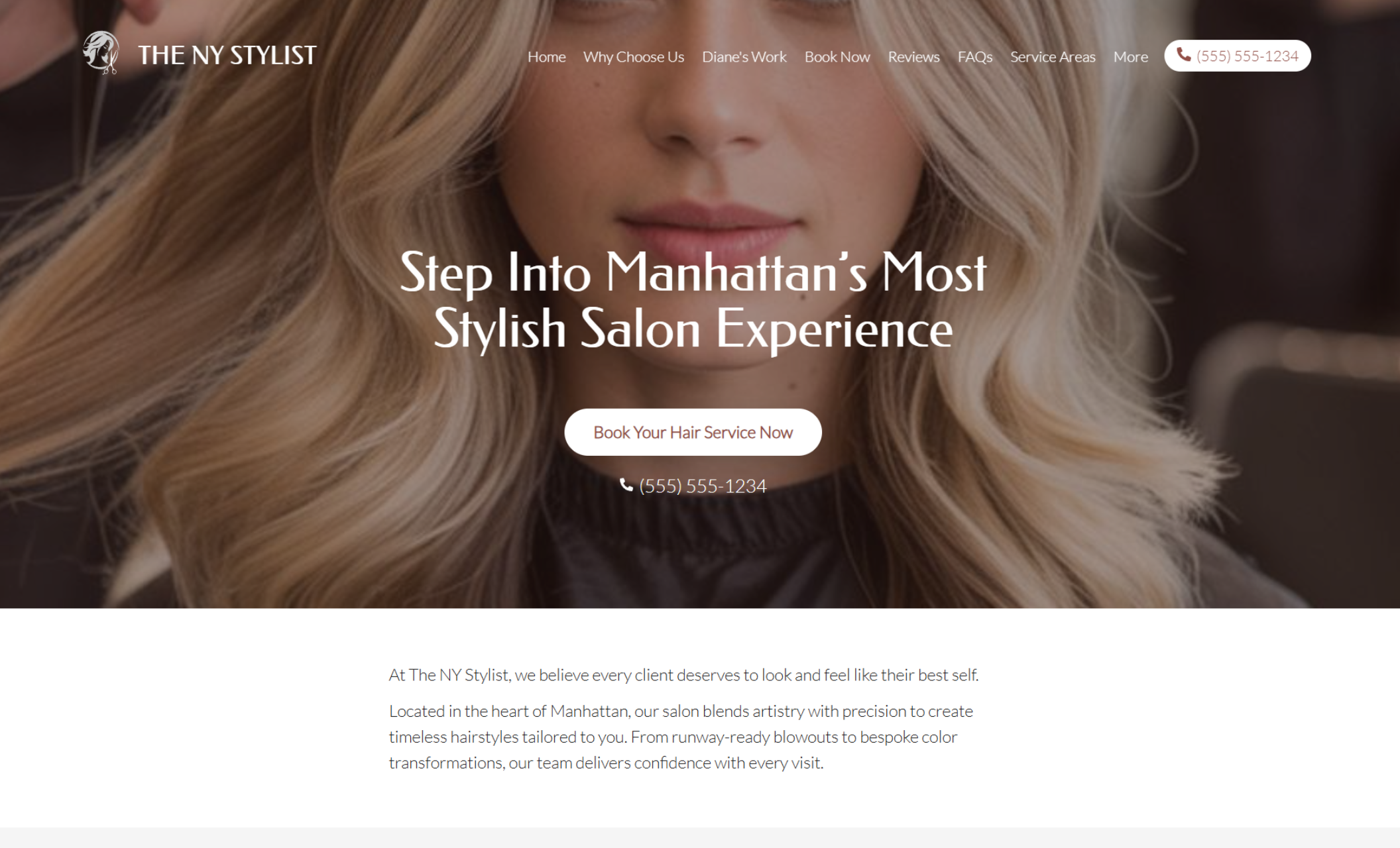 The NY Stylist homepage featuring a close-up of a woman with voluminous blonde waves beside the headline “Step Into Manhattan’s Most Stylish Salon Experience” and a white “Book Your Hair Service Now” button