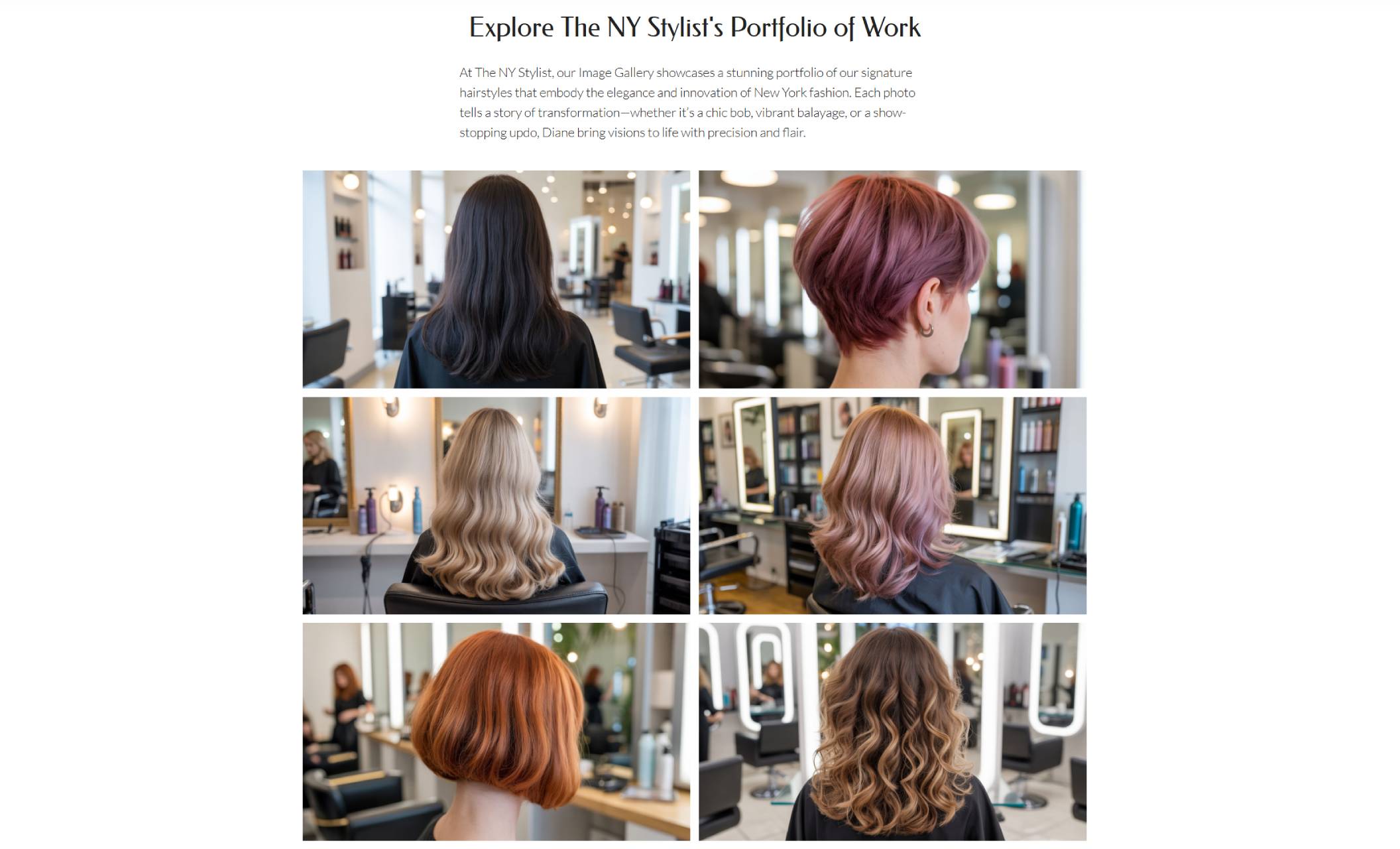 Gallery from The NY Stylist showcasing six professional hair transformations including chic bobs, balayage, and soft waves beneath the headline “Explore The NY Stylist’s Portfolio of Work.”