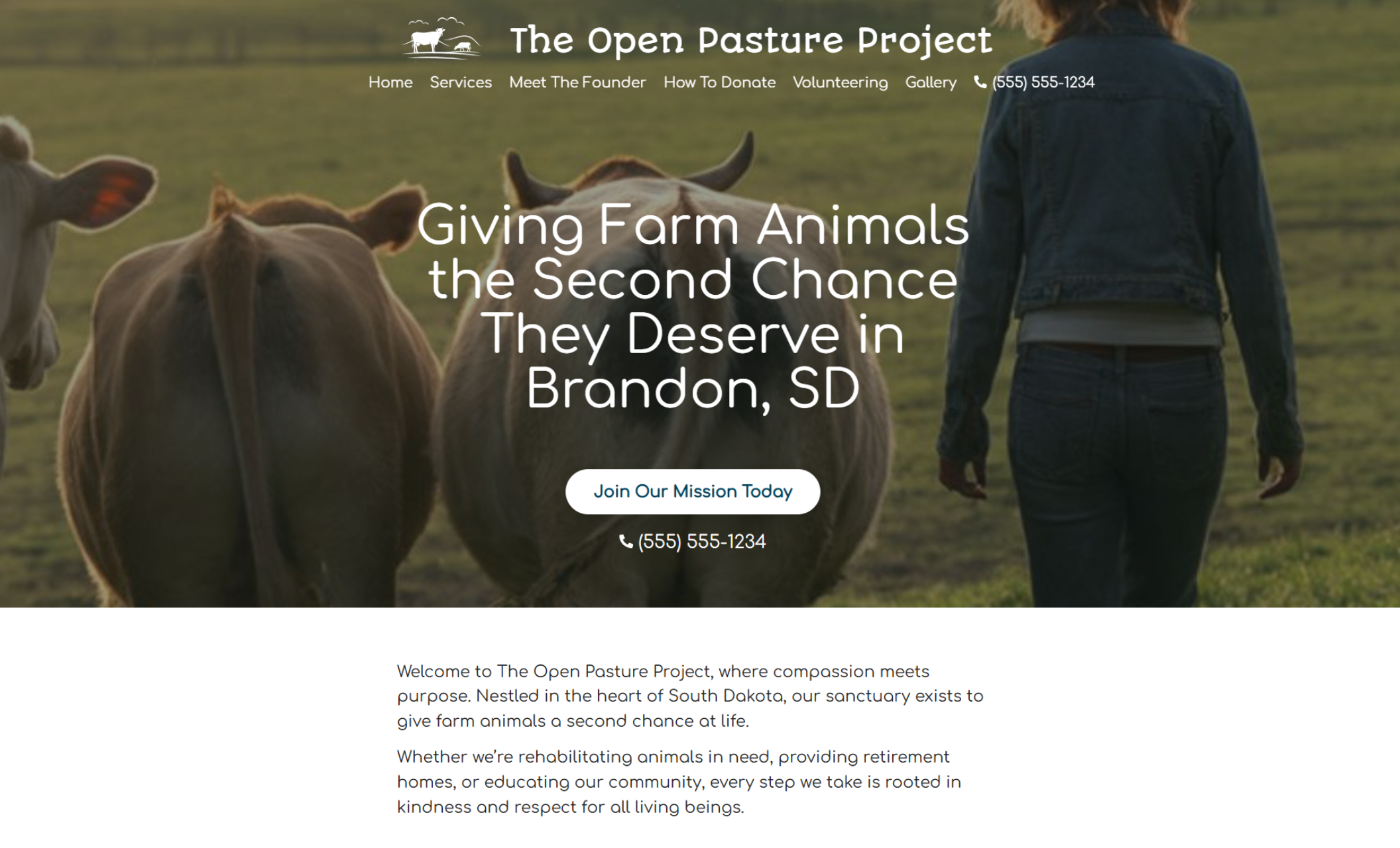 The Open Pasture Project homepage hero featuring cows walking through a field beside the headline “Giving Farm Animals the Second Chance They Deserve in Brandon, SD” and a white button that says “Join Our Mission Today.”