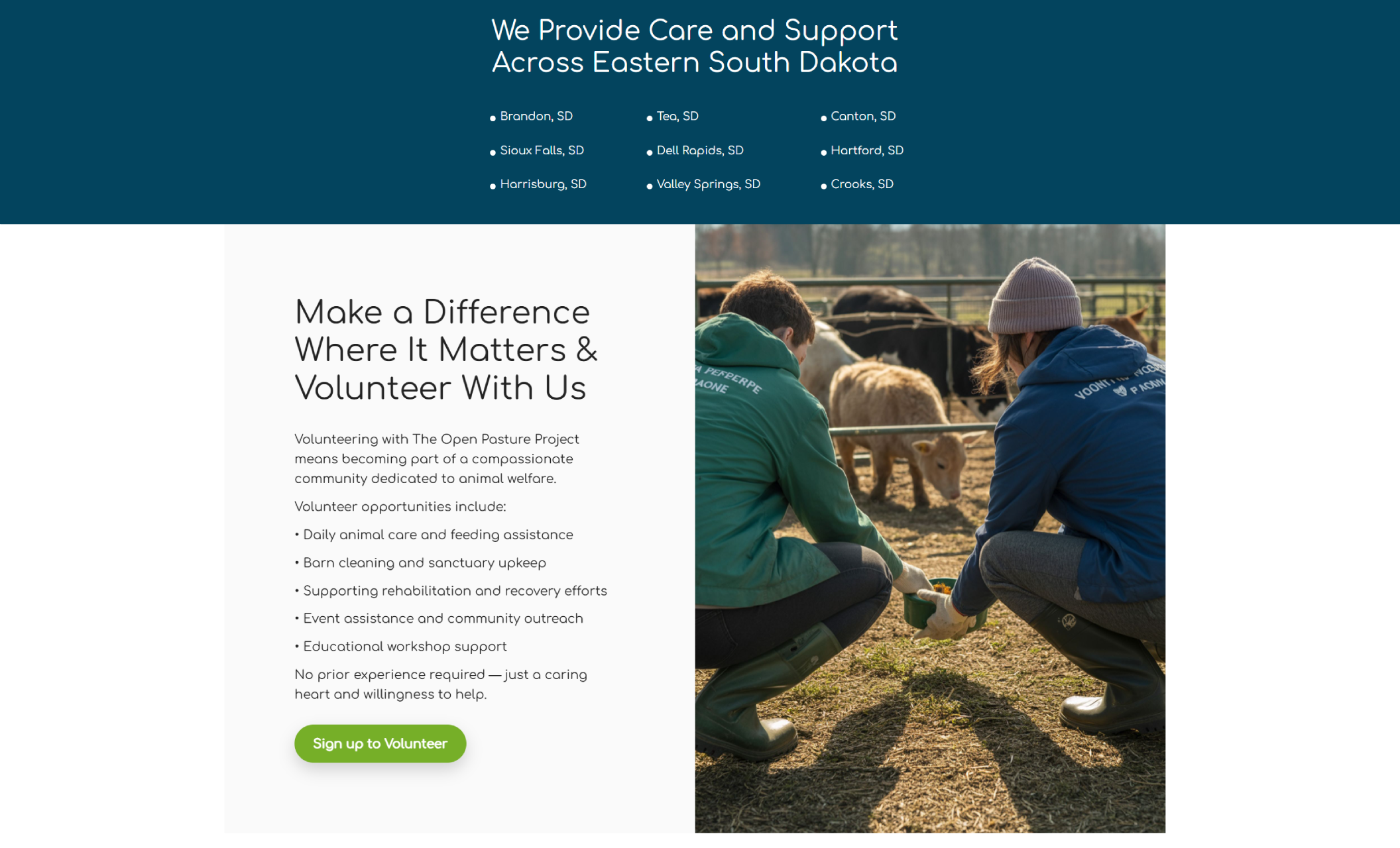 The Open Pasture Project volunteer section featuring a service area banner reading “We Provide Care and Support Across Eastern South Dakota” and a two-column layout with volunteer opportunities listed beside an image of two volunteers feeding animals in a pasture